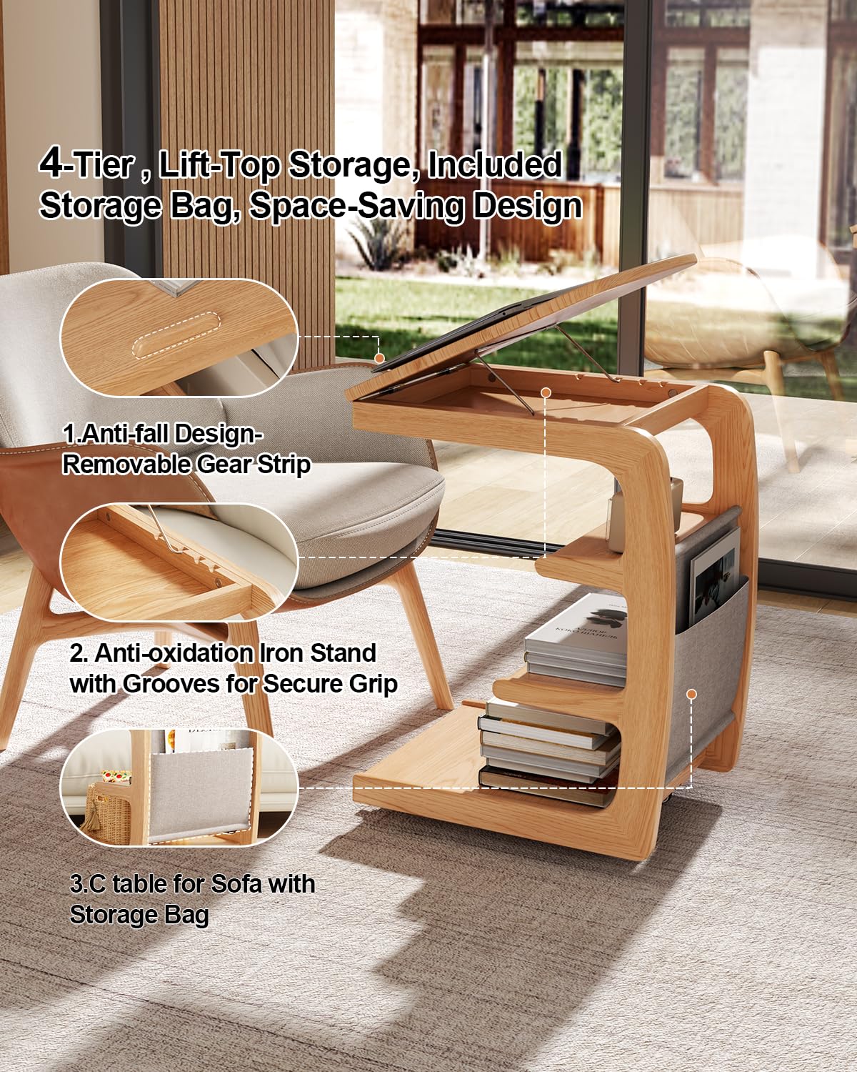 Wooden C-Shaped End Table with Lockable Wheels - 4-Tier Rolling Side Table with Storage Bag - Small Couch Desk for Living Room, Bedroom, Office - Perfect for Snacks, Laptops, Books & TV Trays (Natural)