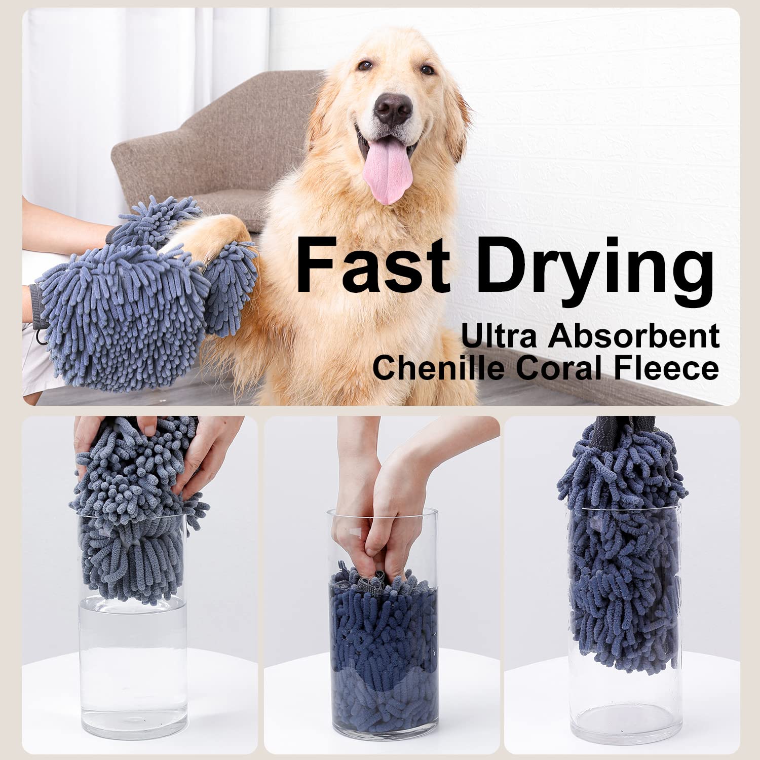 DogLemi Dog Washing Gloves & Quick-Drying Chenille Microfiber Paw Towel - 2 Pack Grooming Mitt for Small, Medium & Large Dogs - Perfect for Bath Time & Post-Bath Drying