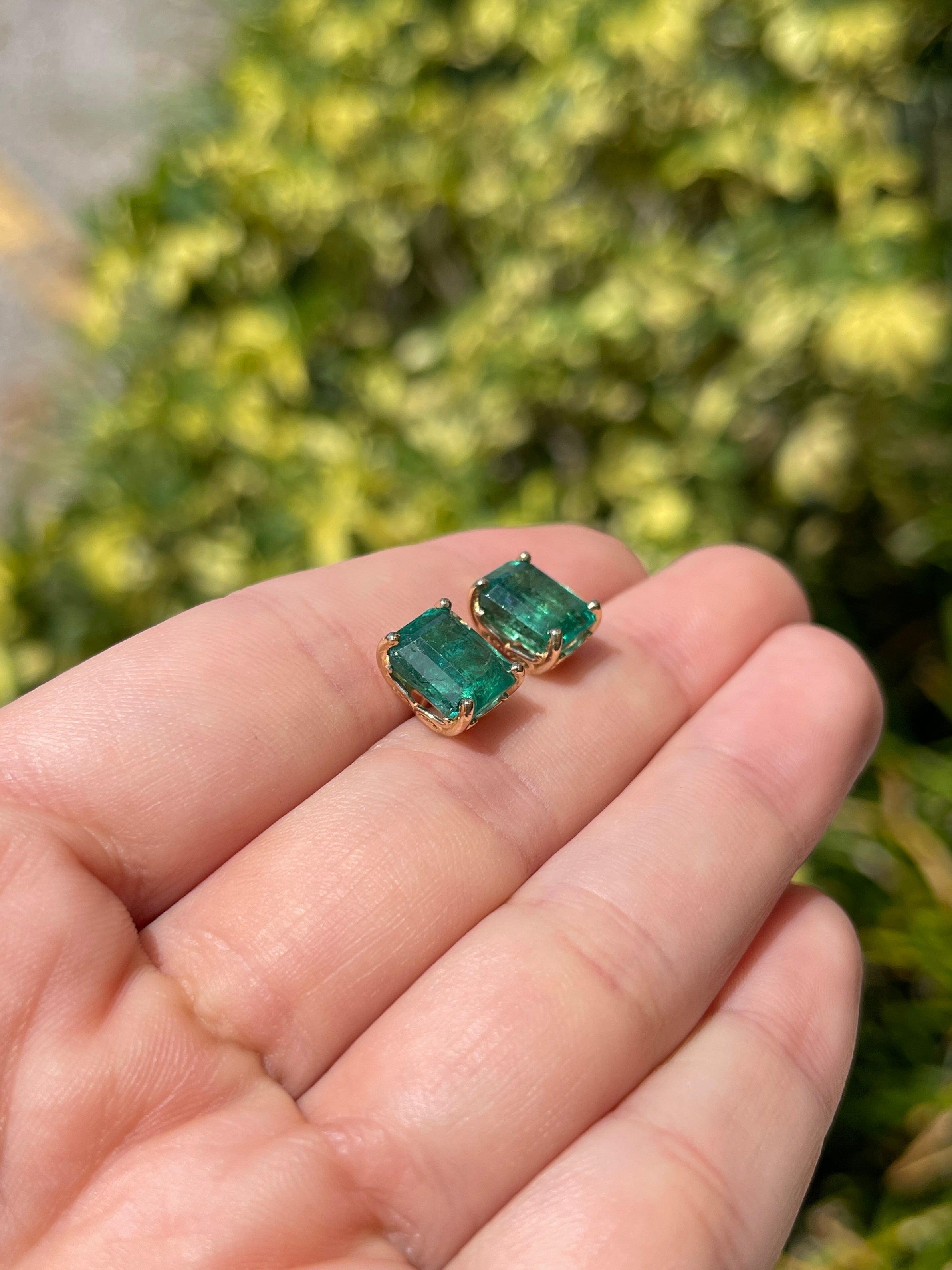 6.70tcw Zambian Emerald Emerald Cut Fleur De Lis Stud Earrings in 14K Gold - Elegant Jewelry for Women, Perfect for Weddings, Parties & Special Occasions