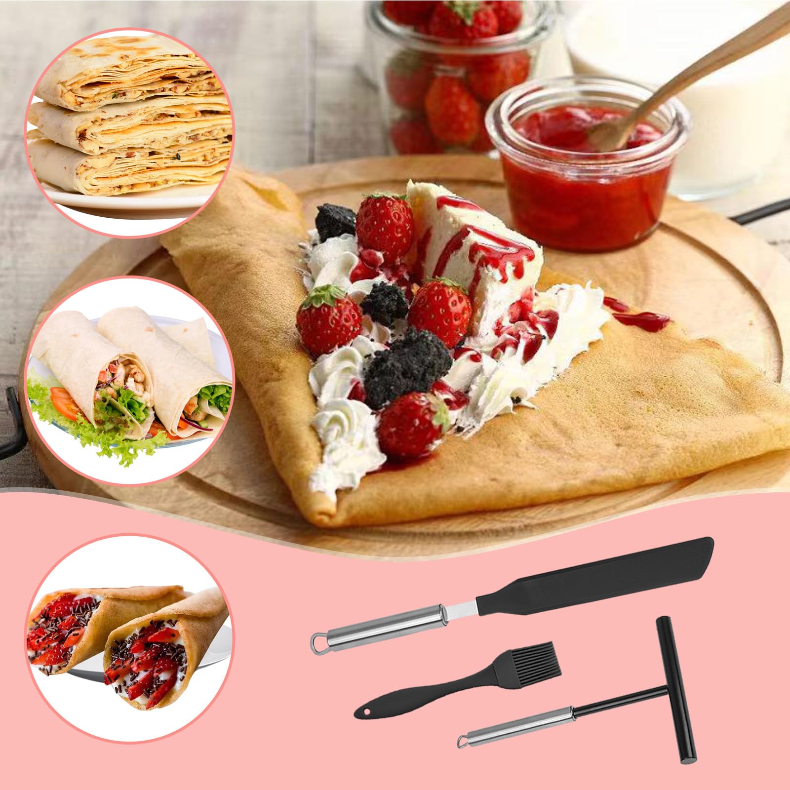 GOTFUN 3-Piece Crepe Maker Set - Stainless Steel Crepe Spreader & Turner with Silicone Brush - Professional Crepe Tools for Perfect Pancakes, Crepes, and Desserts - Ideal for Home Kitchen and Breakfast Restaurants