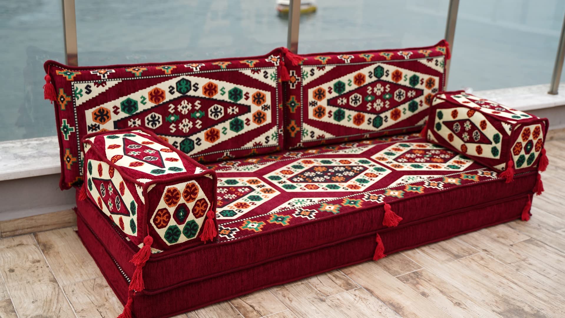Maroon Arabic Sofa Set - 8'' Thick Floor Cushions, Sectional Sofa Bed with Poufs | Turkish Majlis Seating for Living Room, Lounge & Reading Nook | Modern Futon & Floor Sofa Combo