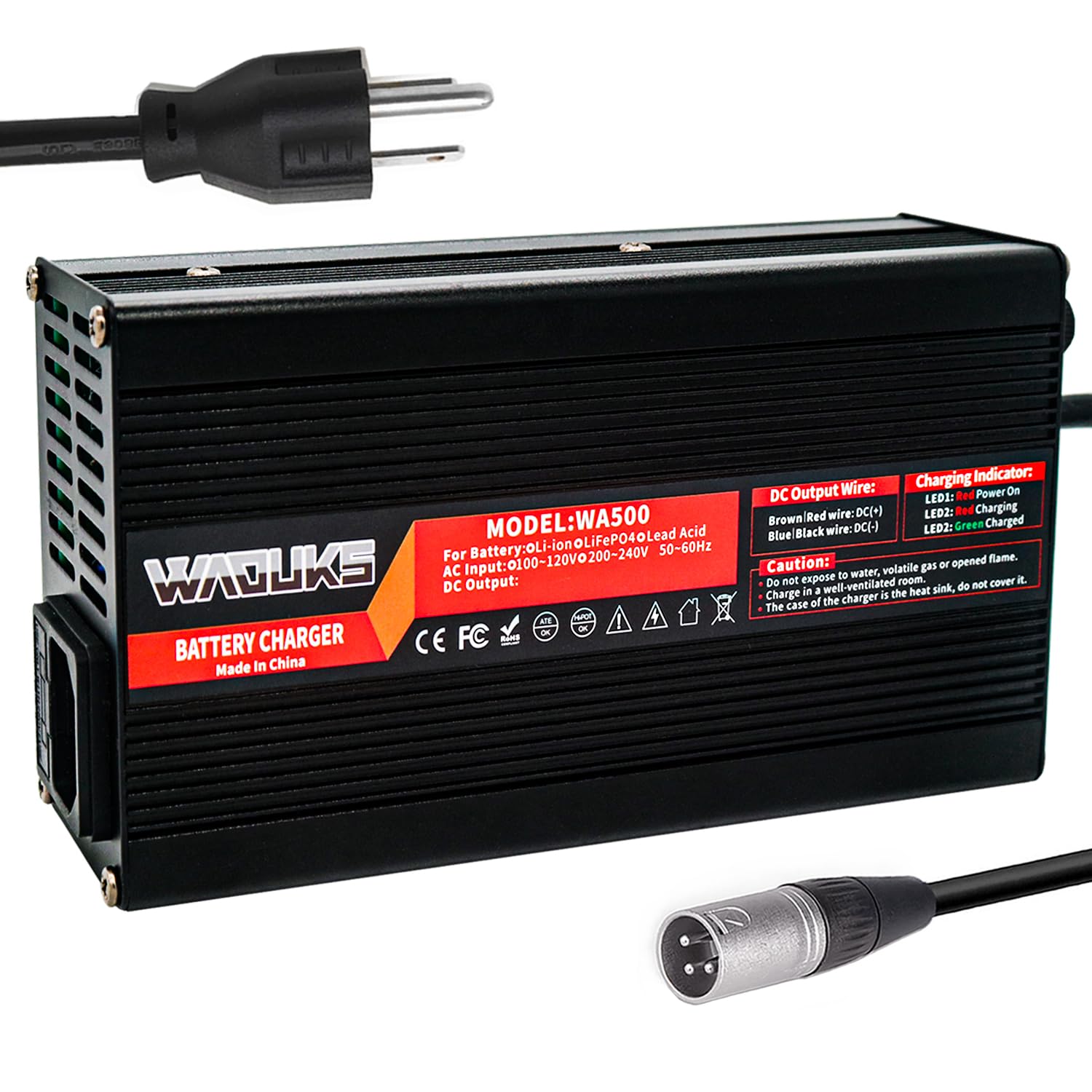 WAOUKS 54.6V 6A Smart Charger for 13S 48V Lithium Battery Packs - Aluminum Case with Cooling Fan | Fast Charging for Ebikes, Scooters & Electric Vehicles | Perfect for Home, Workshop & Outdoor Use