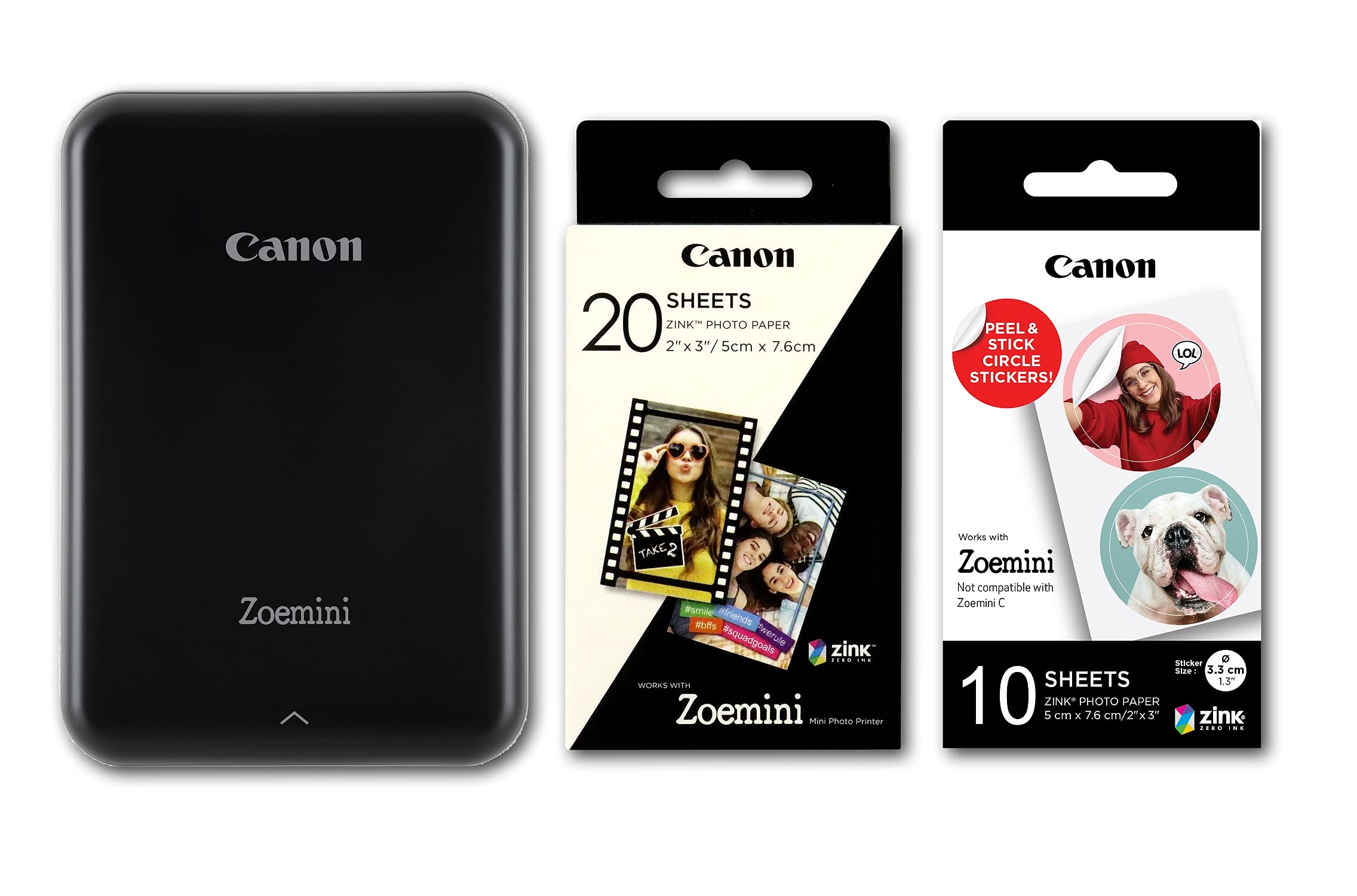 Canon Zoemini Portable Instant Photo Printer (Black) - Includes 20 Zink Photo Papers & 10 Circle Stickers - Perfect for Travel, Scrapbooking & DIY Projects
