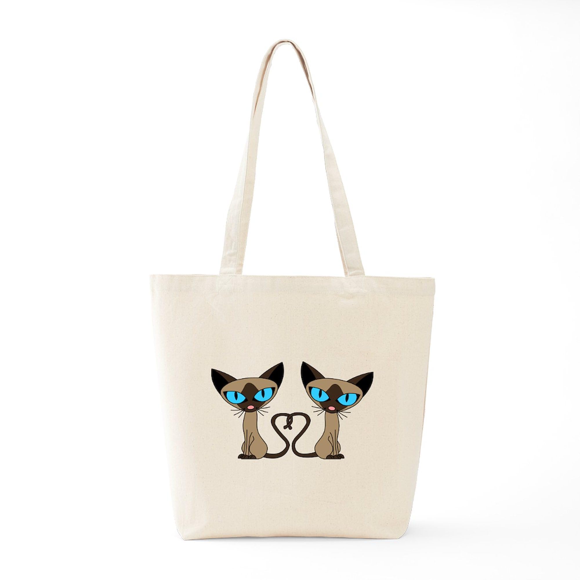 Stylish Cute Siamese Cats Tail Heart Design Natural Canvas Tote Bag - Eco-Friendly Reusable Shopping Bag for Groceries, Beach, Work & Daily Use