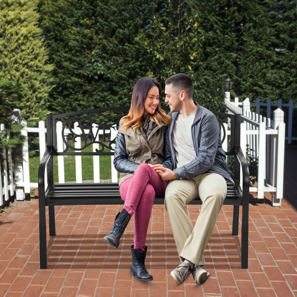 YRLLENSDAN Black Cast Iron Outdoor Welcome Bench - Modern Garden Loveseat with Backrest & Armrest - Durable Patio Furniture for Front Door, Porch & Yard Decor - Weather-Resistant Metal Seating for Outdoor Relaxation