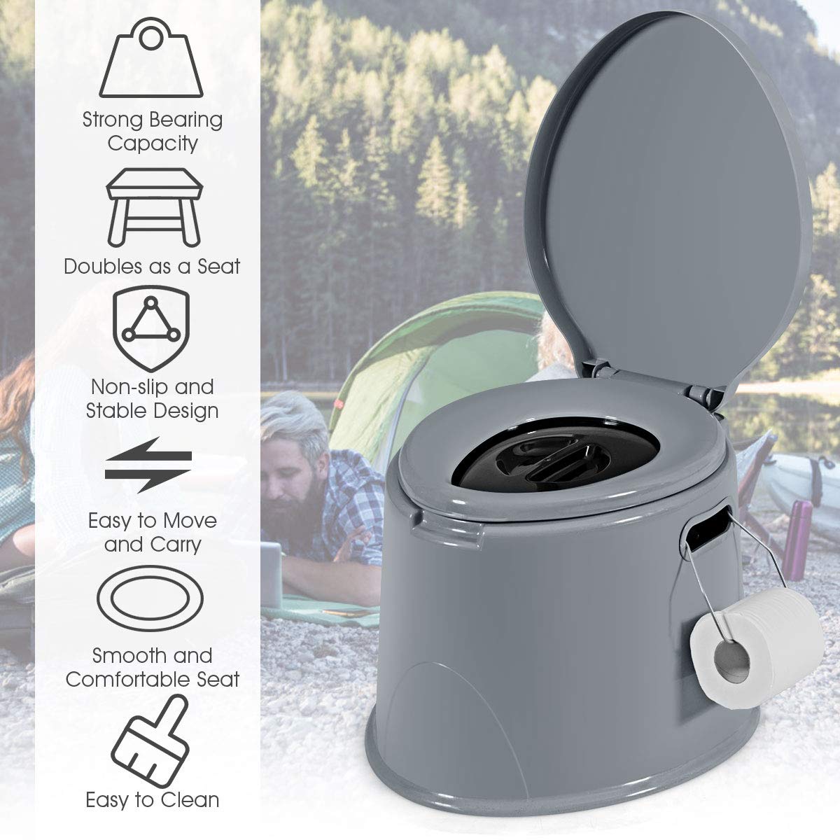 Portable Travel Toilet with Detachable Inner Bucket & Toilet Paper Holder - Lightweight Outdoor Camping Toilet for RV, Boating, Hiking & Emergency Use - Compact Indoor/Outdoor Commode (Gray) - Perfect for Camping Trips, Road Trips, Boating Adventures & Emergency Preparedness
