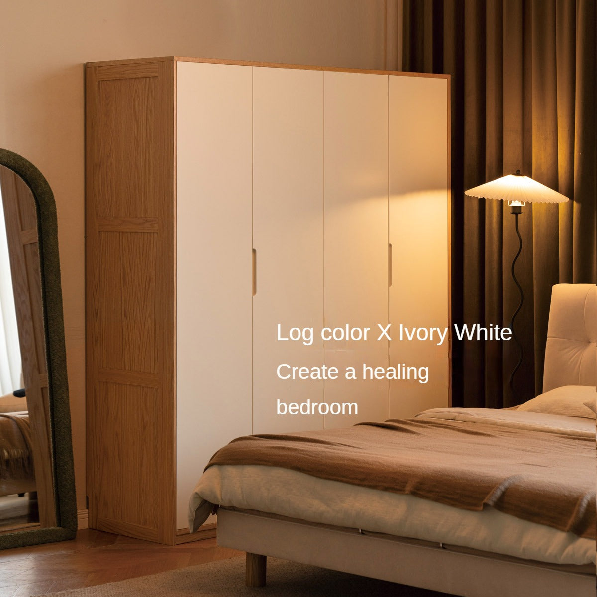 Oak Solid Wood Log Cream Style Wardrobe - Rustic Bedroom & Living Room Storage Furniture for Home Organization