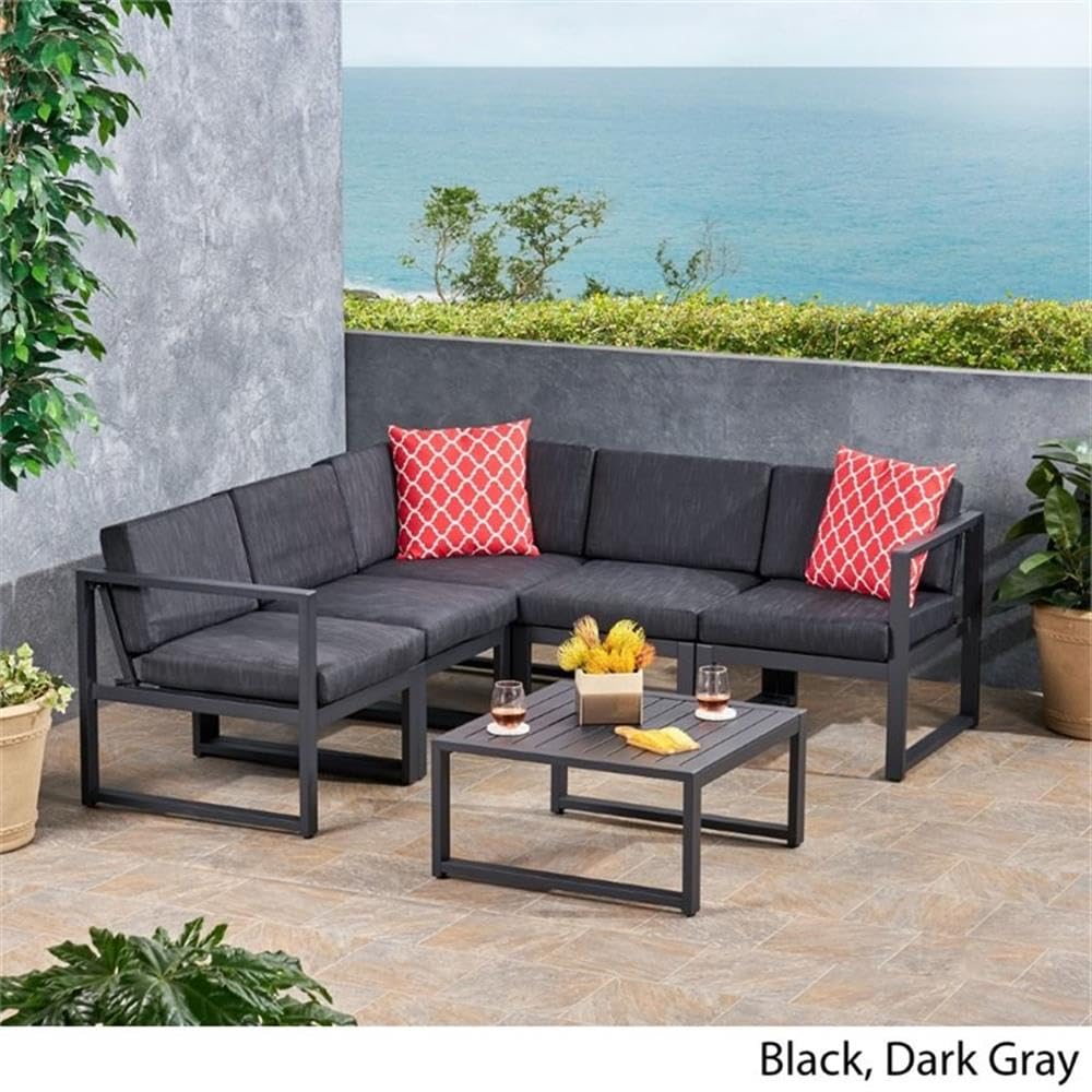 Noble House Navan 6-Piece Outdoor Aluminum Sectional Sofa Set - Dark Gray Patio Furniture for Backyard, Poolside & Garden Lounge