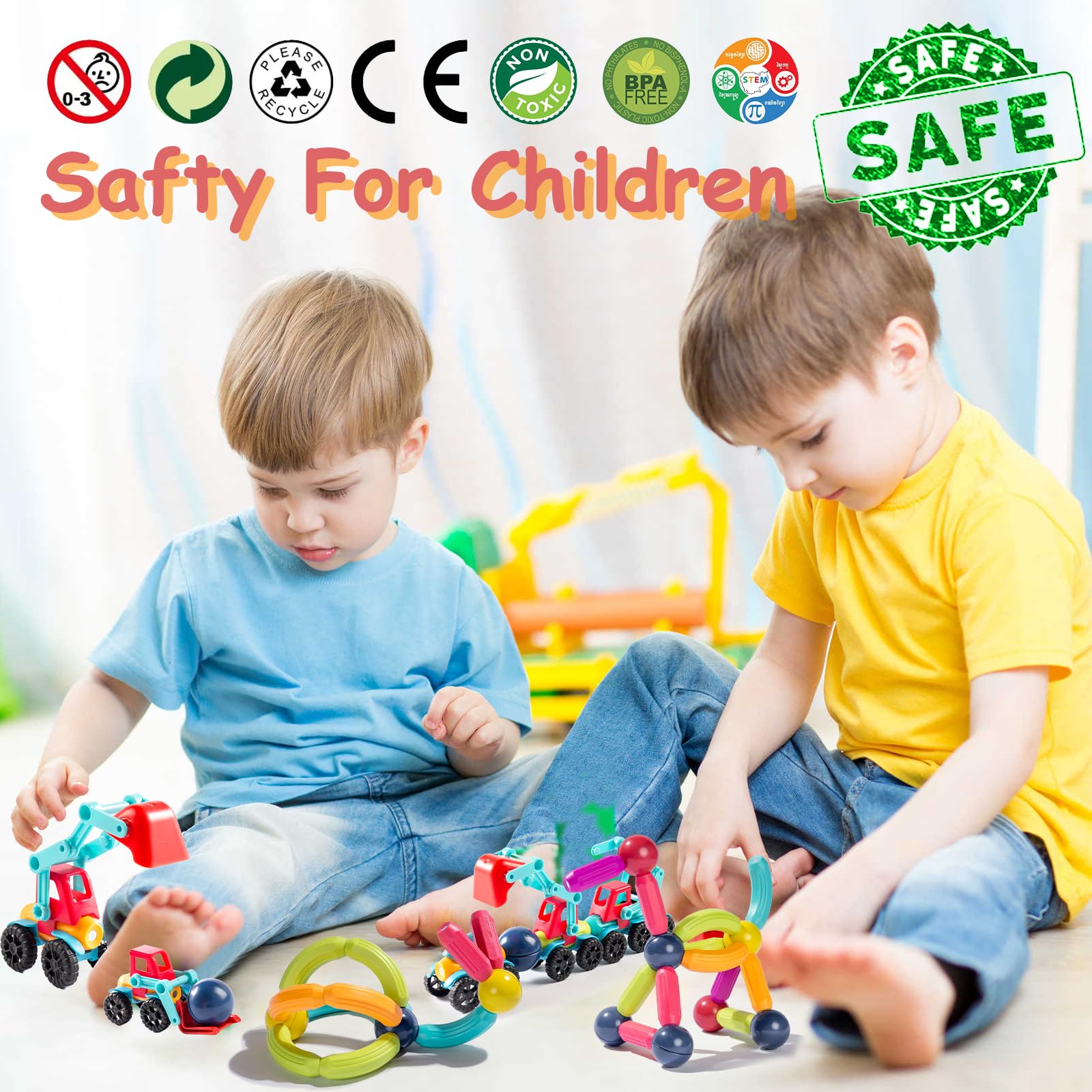 64Pcs Magnetic Building Blocks STEM Educational Toys for Kids Ages 3-8 - Montessori Sensory Learning Toys with 2 Cars for Toddlers Boys & Girls | Perfect for Preschool Classroom, Birthday Gifts & Creative Playtime