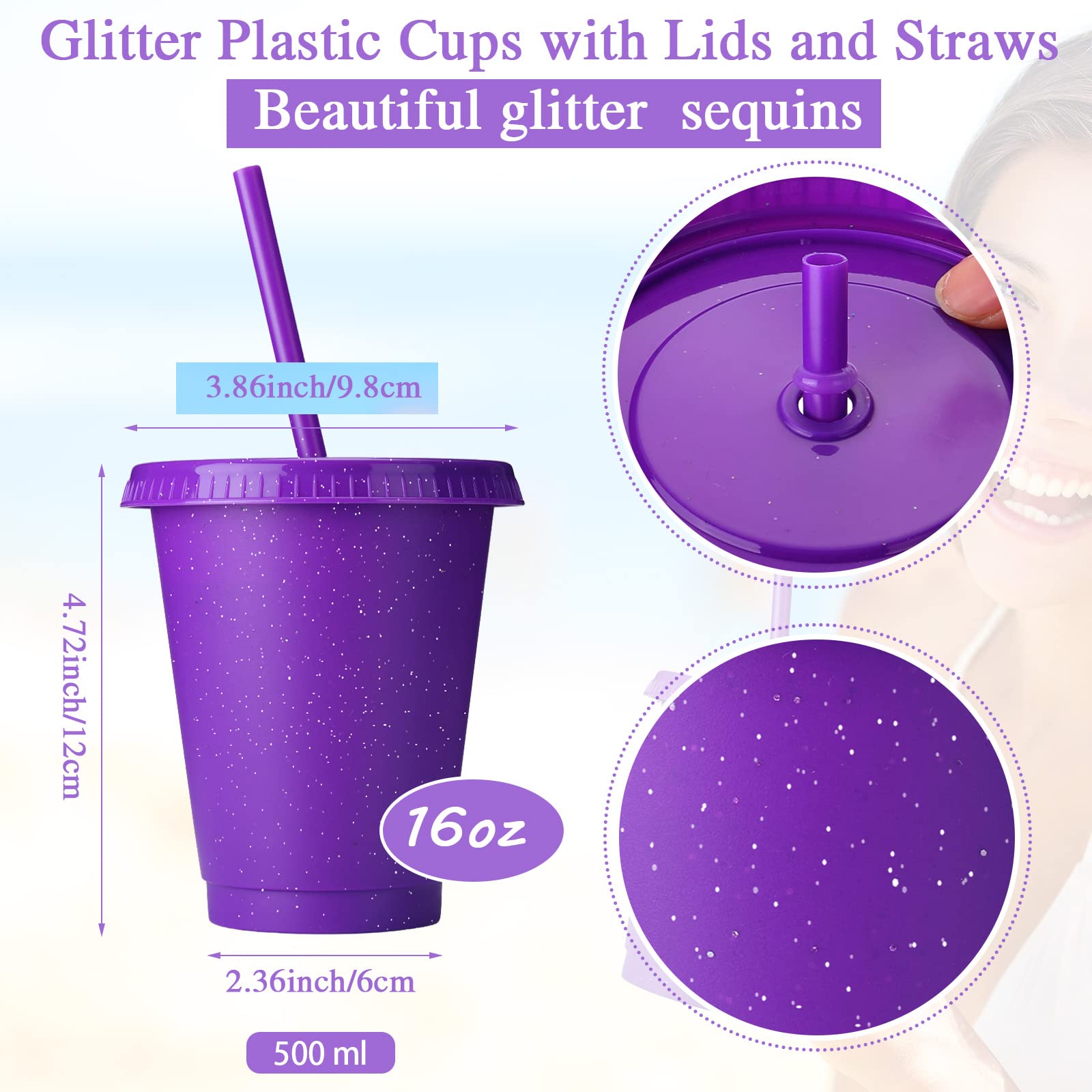 72 Pcs Glitter Reusable Plastic Tumblers with Lids & Straws - 16oz (500ml) Colorful Party Cups for Adults, Birthday Celebrations, Coffee & Cocktails - Bulk Pack for Events, Picnics & Home Use