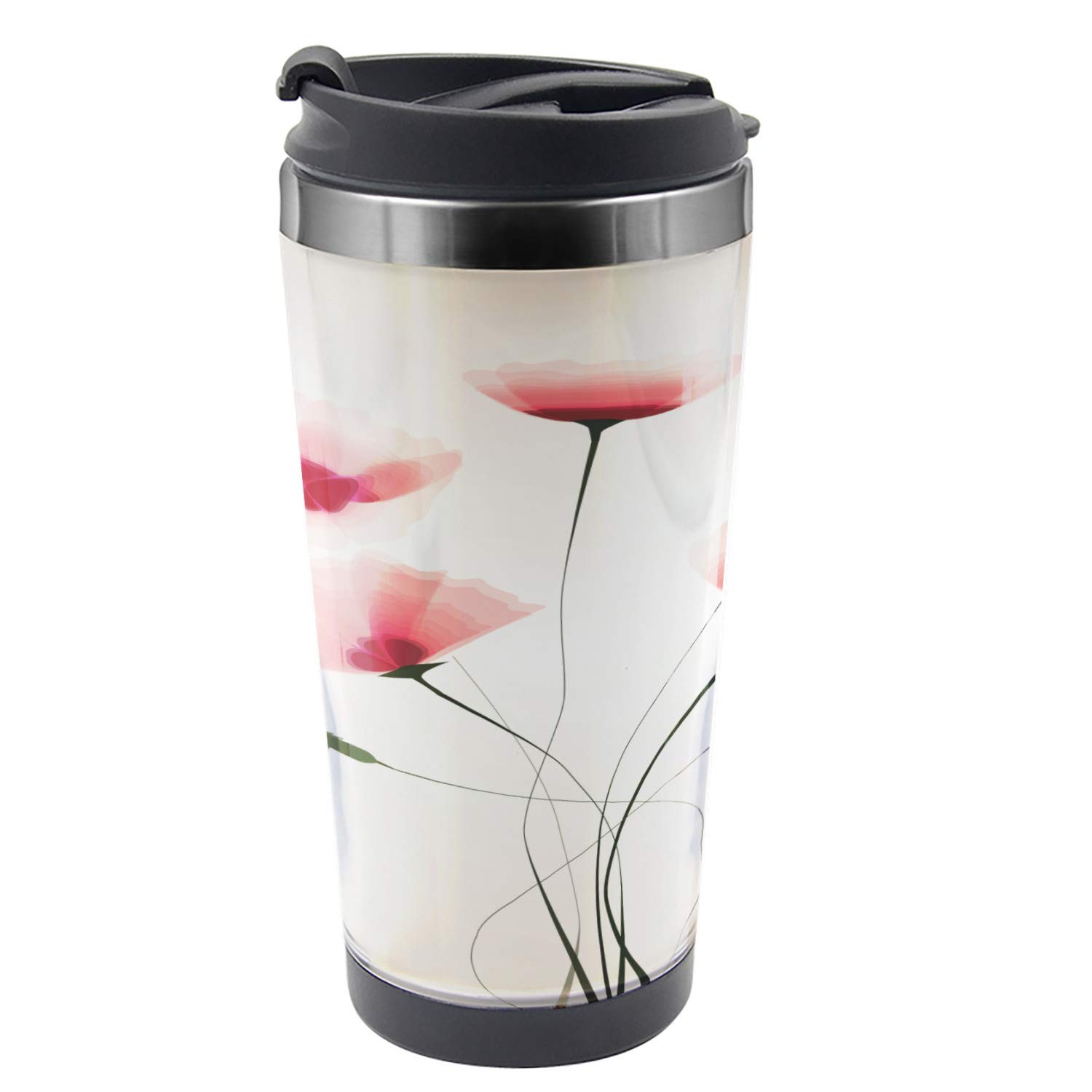 Ambesonne 16 oz Stainless Steel Travel Mug with Romantic Floral Design - Pink, Green & White - Insulated Thermal Cup for Coffee, Tea & Hot Beverages - Perfect for Commuting, Camping & Outdoor Adventures