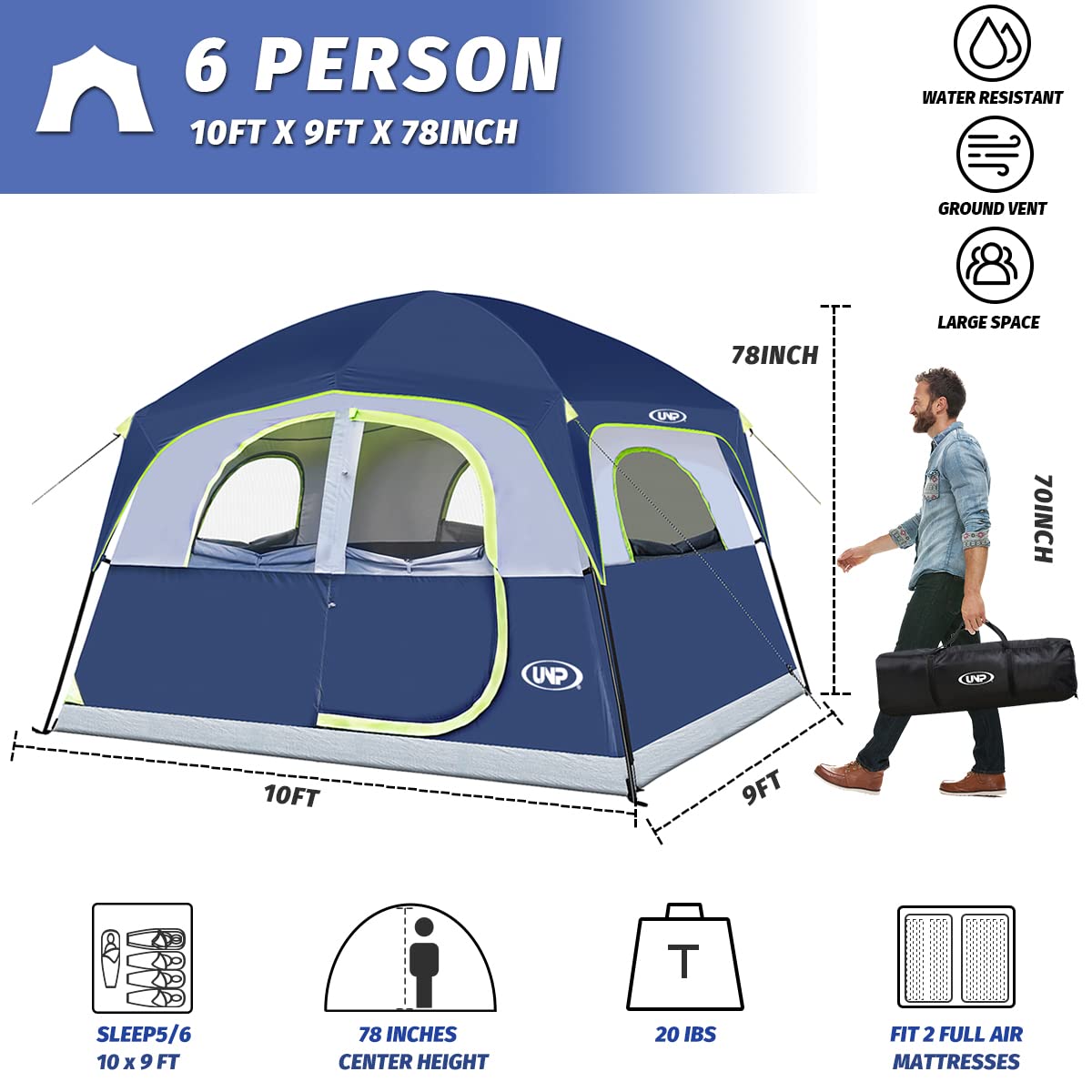 UNP 6-Person Waterproof Windproof Family Camping Tent - Double Layer, Easy Setup with 1 Mesh Door & 5 Large Windows (10'x9'x78