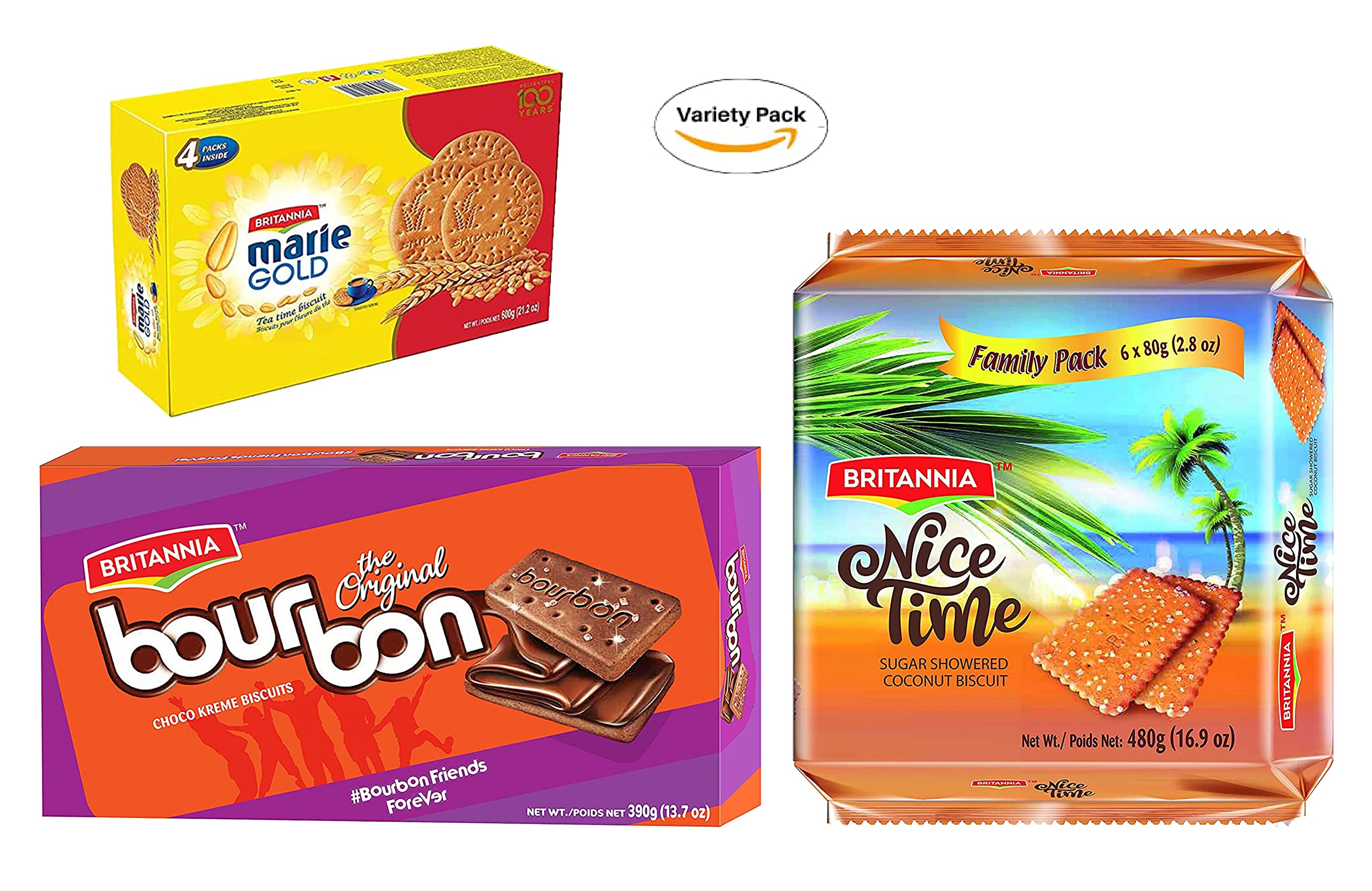 BRITANNIA Marie Gold, Bourbon Original & Nice Time Variety Pack - Delicious Biscuits for Breakfast, Tea Time & Snacking - Perfect for Office, School & Family Gatherings (Pack of 3 Classic Flavors)