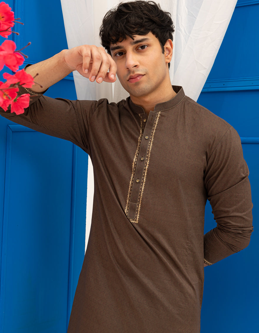 Premium Cotton Brown Kurta by J. Junaid Jamshed - Comfortable Traditional Pakistani Attire for Men - Perfect for Eid, Weddings & Casual Wear