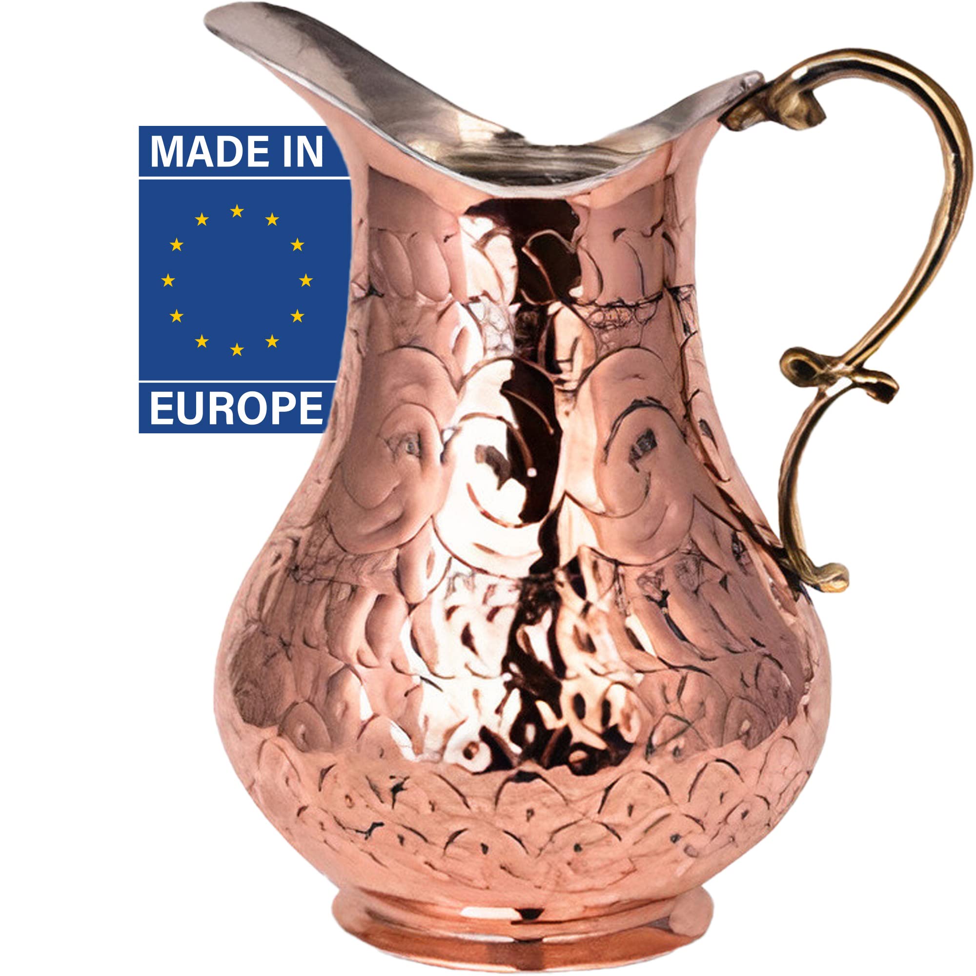 Handmade Hammered & Engraved Pure Copper Water Pitcher - 2.1 QT Antique Traditional Drinking Jug - Authentic Metal Jar for Water Storage & Serving - Perfect for Home Decor, Ayurvedic Water Therapy & Rustic Kitchenware