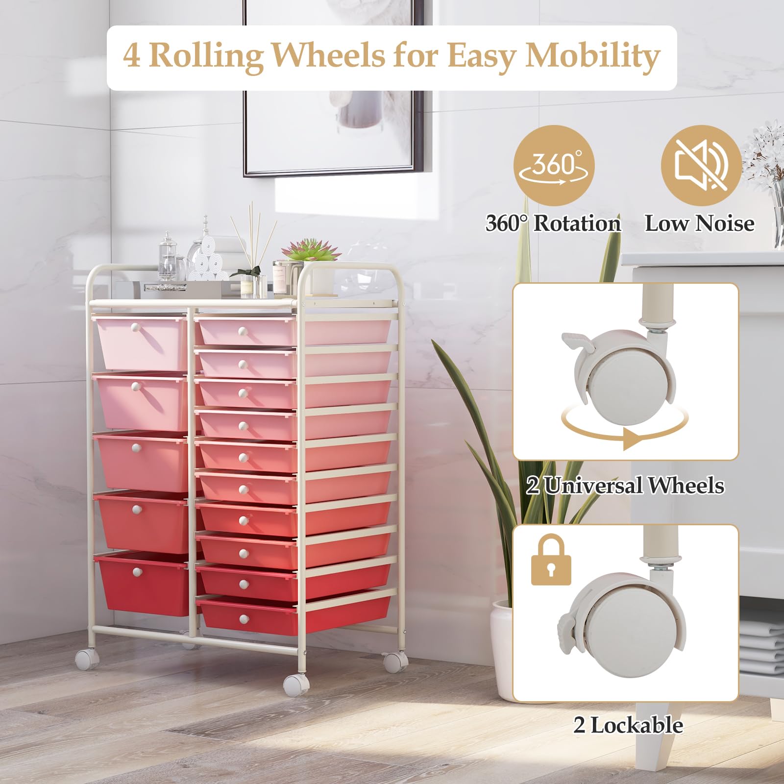 15-Drawer Rolling Storage Cart with Removable Drawers & Sturdy Steel Frame - Multipurpose Utility Organizer with Smooth-Glide Wheels & Ergonomic Handle - Perfect for Home Organization, Classroom Supplies, Office Storage & Retail Displays