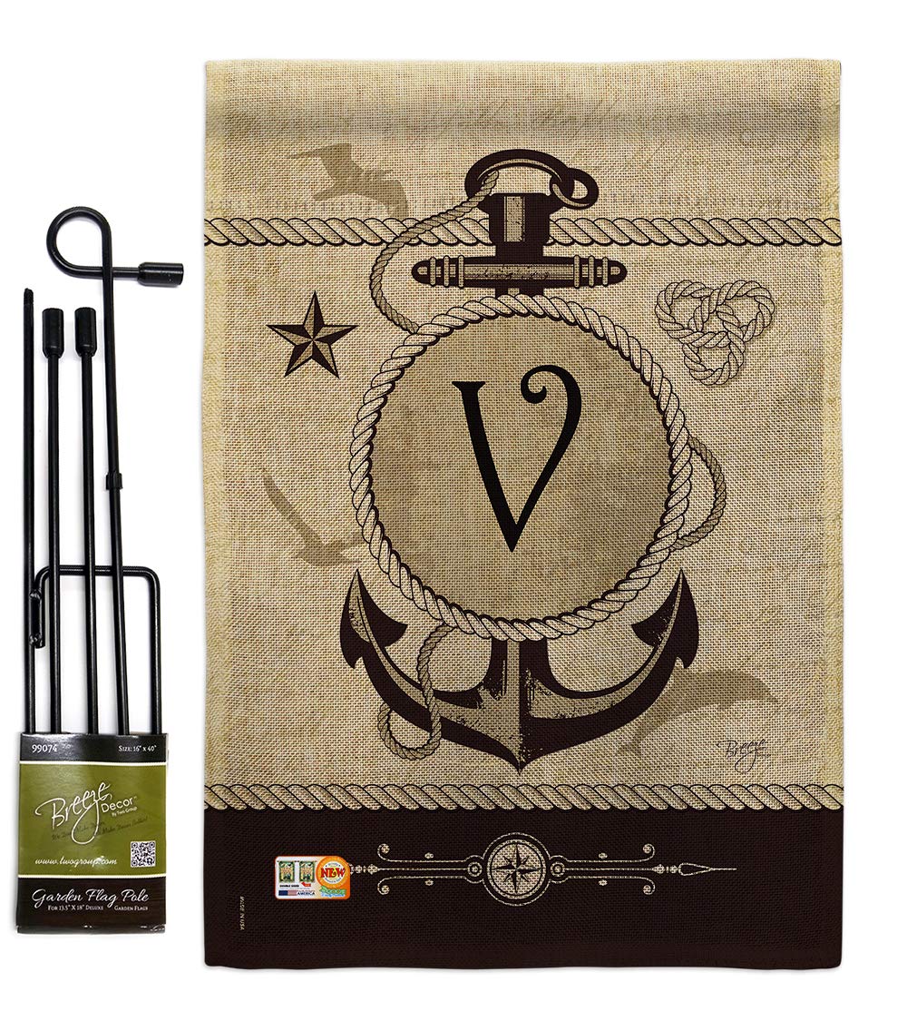 Nautical V Initial Burlap Garden Flag - Coastal Anchor Design for Outdoor Summer Decor