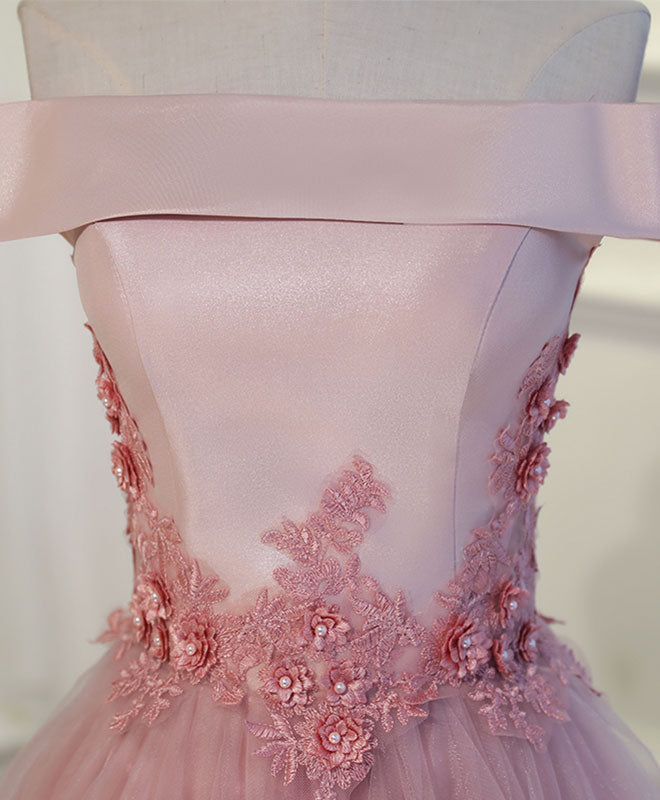 Elegant Pink A-Line Off-Shoulder Tea-Length Prom Dress with Lace Details - Perfect for Homecoming, Formal Dances & Special Occasions
