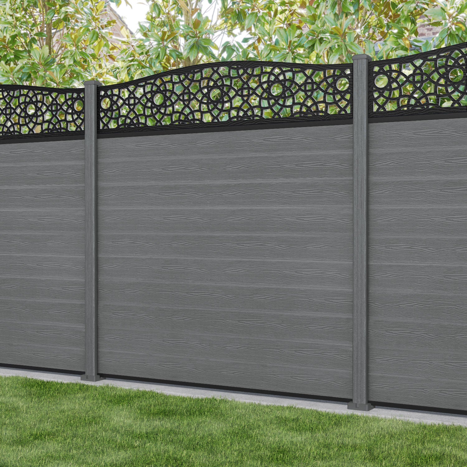 Classic Amber Curved Top Fence Panel - Mid Grey Composite Fencing with Durable Posts | Privacy Fence for Backyard, Garden & Outdoor Spaces
