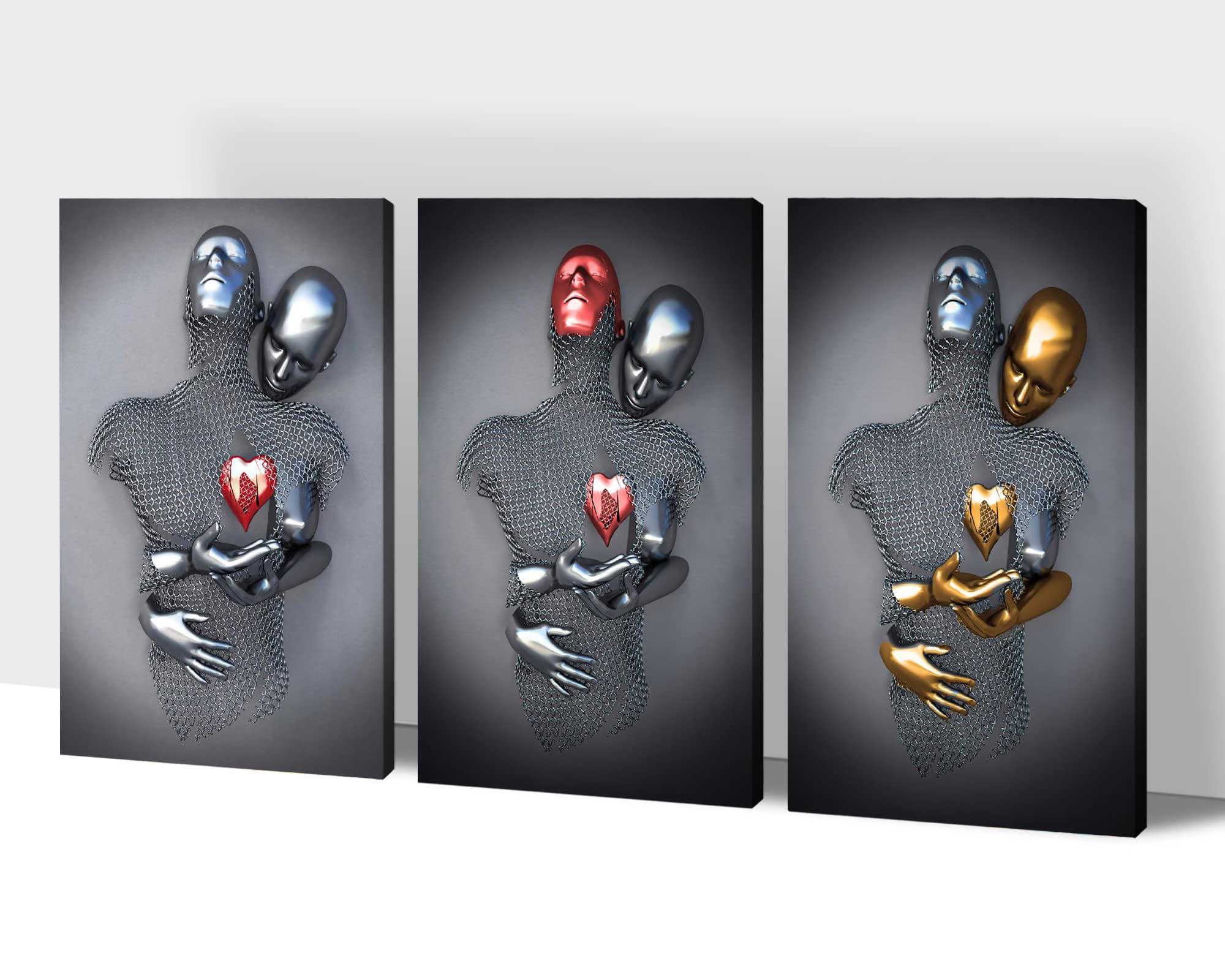 3D Love Heart Wall Art Canvas Print Set of 3 - Abstract Metal Figure Sculpture Framed Artwork for Home & Office Decor, Ready to Hang (20