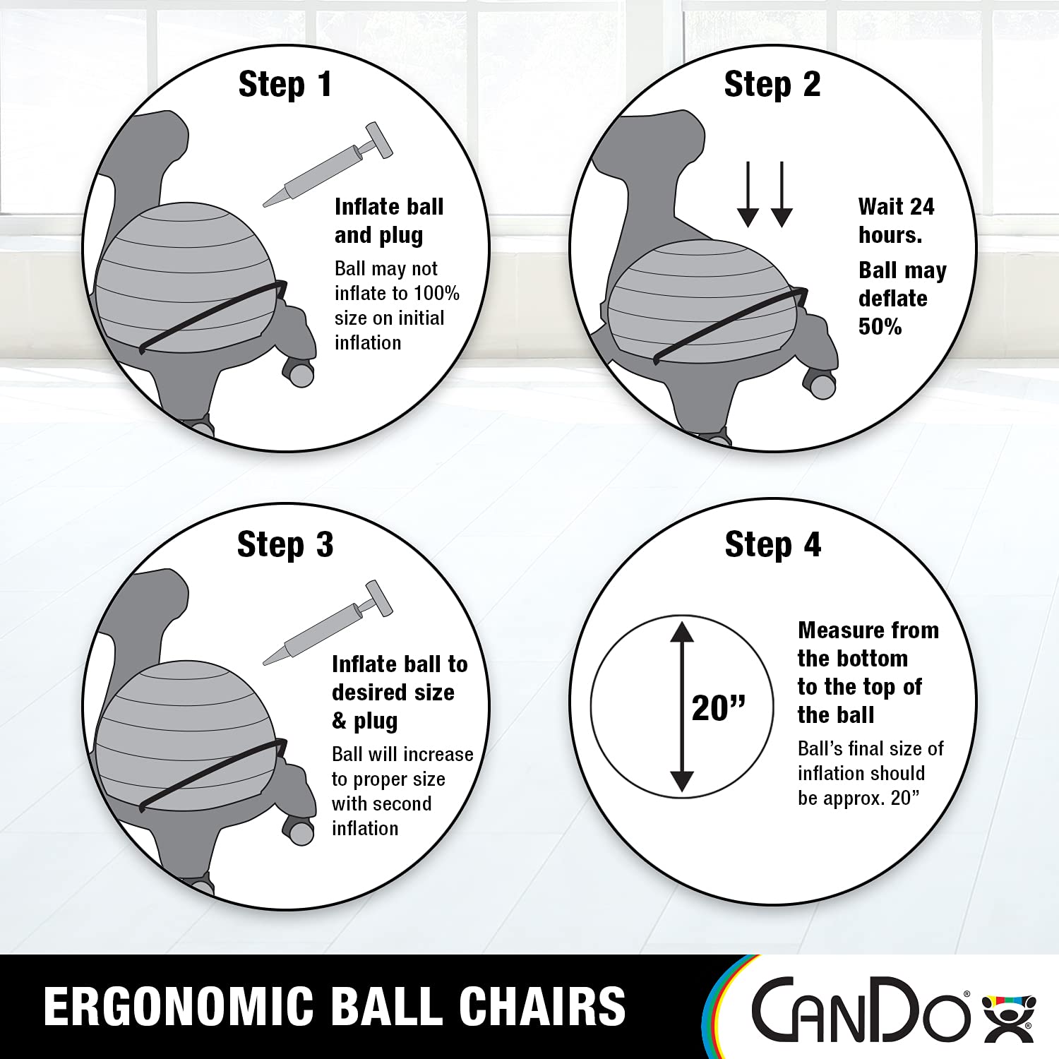 Inflatable Ergonomic Exercise Ball Chair with Air Pump - CanDo Metal Ball Chair for Home, Office & Classroom - Active Seating for Yoga, Fitness & Posture Support