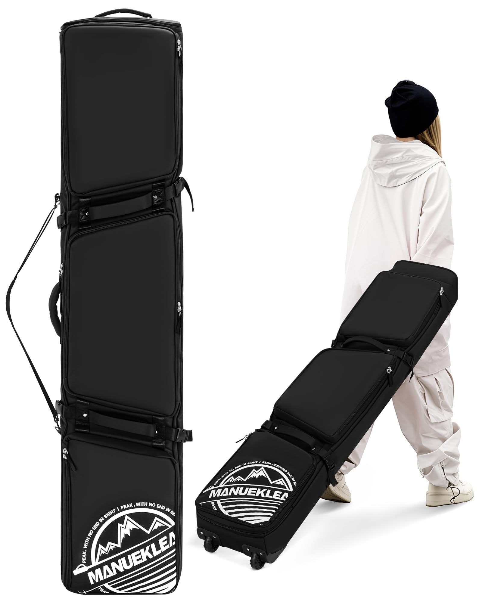 MANUEKLEAR Rolling Ski Travel Bag - Waterproof & Durable Snowboard Carrier for Skis 170-190cm with Wheels, Padded Protection & Detachable Shoulder Straps | Perfect for Air Travel, Mountain Resorts & Winter Sports Gear Storage