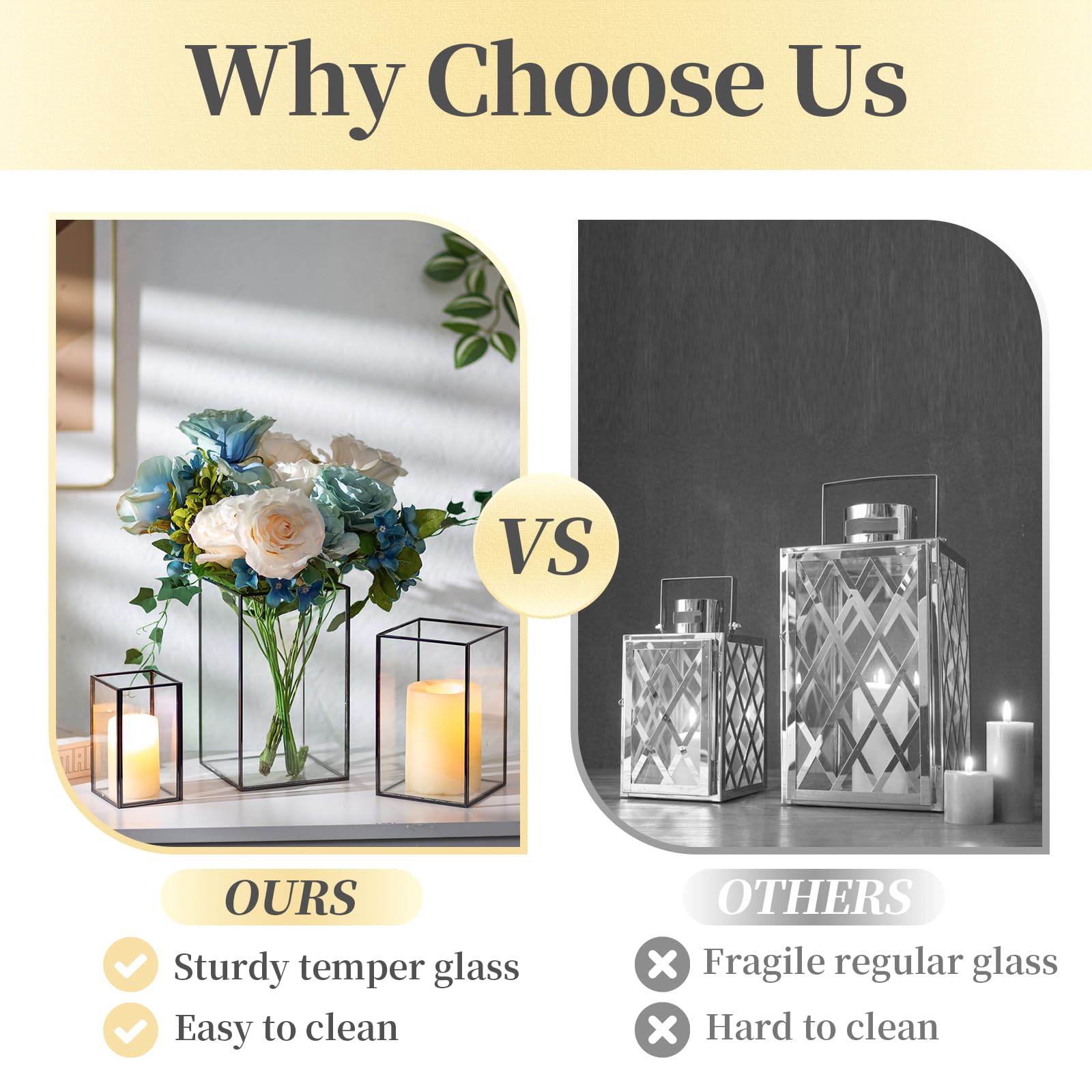 Hewory 18-Piece Black Rectangle Glass Hurricane Candle Holders - Large Square Pillar Candle Lantern for Wedding, Anniversary, Party, Fireplace & Dining Room Decor - Elegant Table Centerpiece & Floor Decor for Home & Events