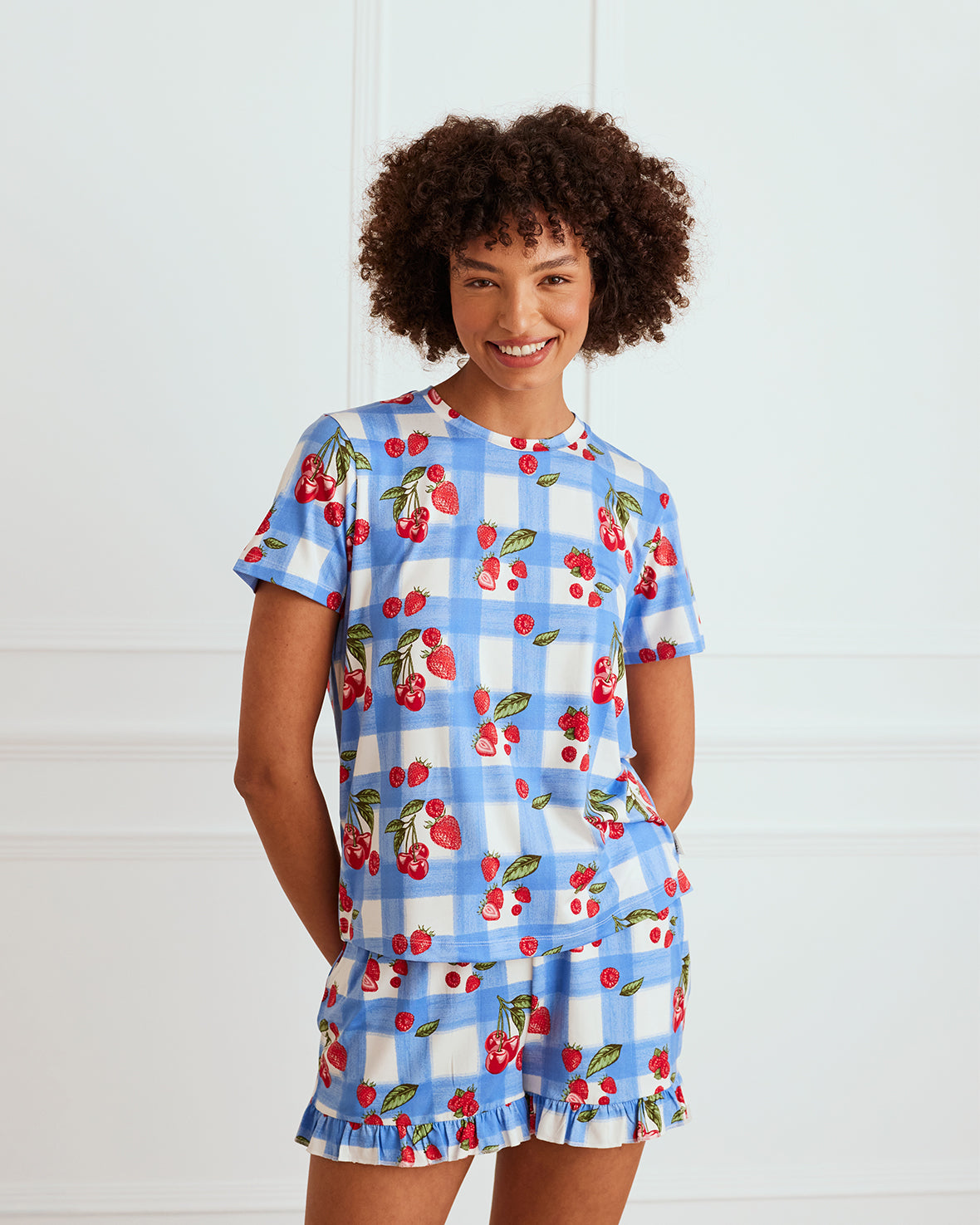 Berries & Gingham Print Frill Short Pajama Set - Cute Summer Sleepwear for Women, Girls - Perfect for Sleepovers, Vacation & Lounge Wear