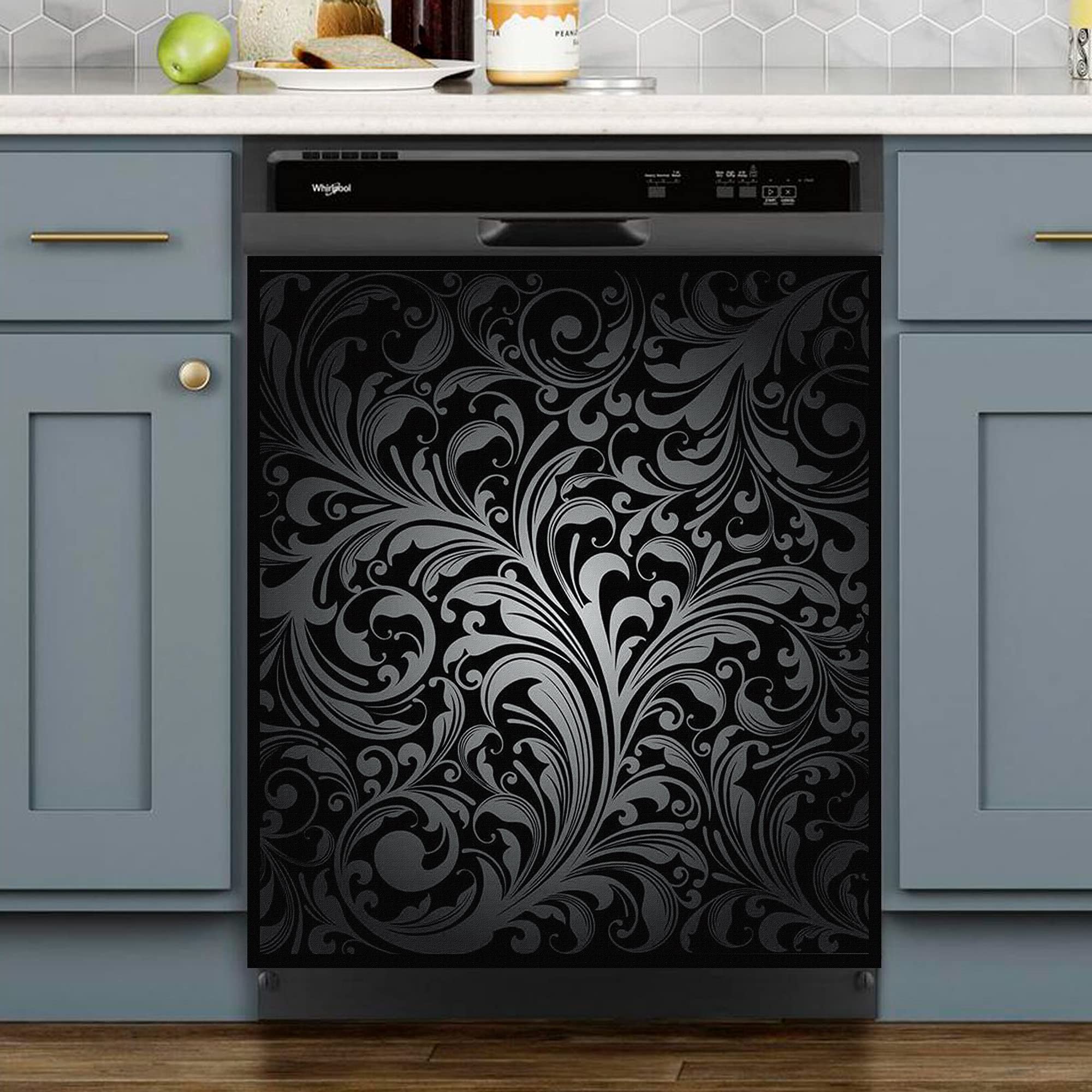 **Black Flower Dishwasher Magnet Cover - Decorative Magnetic Sticker for Dishwasher & Refrigerator - Home Cabinet Decals & Appliances Stickers - Perfect Gift for Mom (Kitchen & Home Decor)**