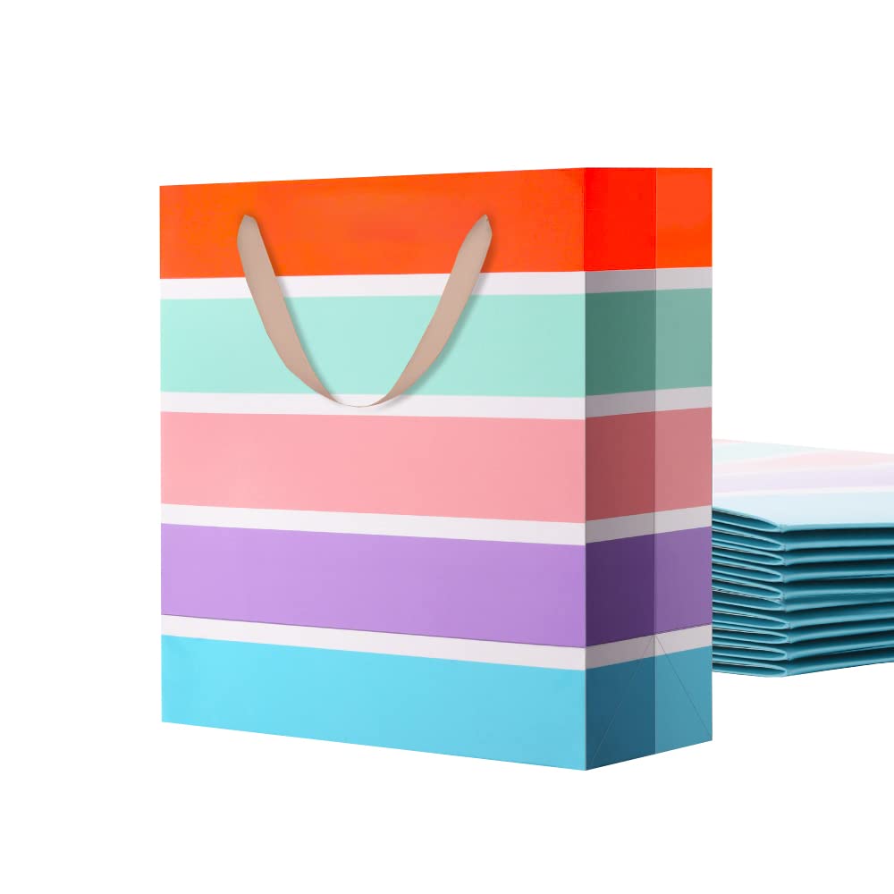 PACKQUEEN 12 Large Christmas Gift Bags with Handles 10x4.5x10 Inches - Bulk Holiday Party Favor Bags with Colorful Stripes for Birthdays, Weddings, Baby Showers & All Occasions - Perfect for Gift Wrapping, Party Decorations & Corporate Events