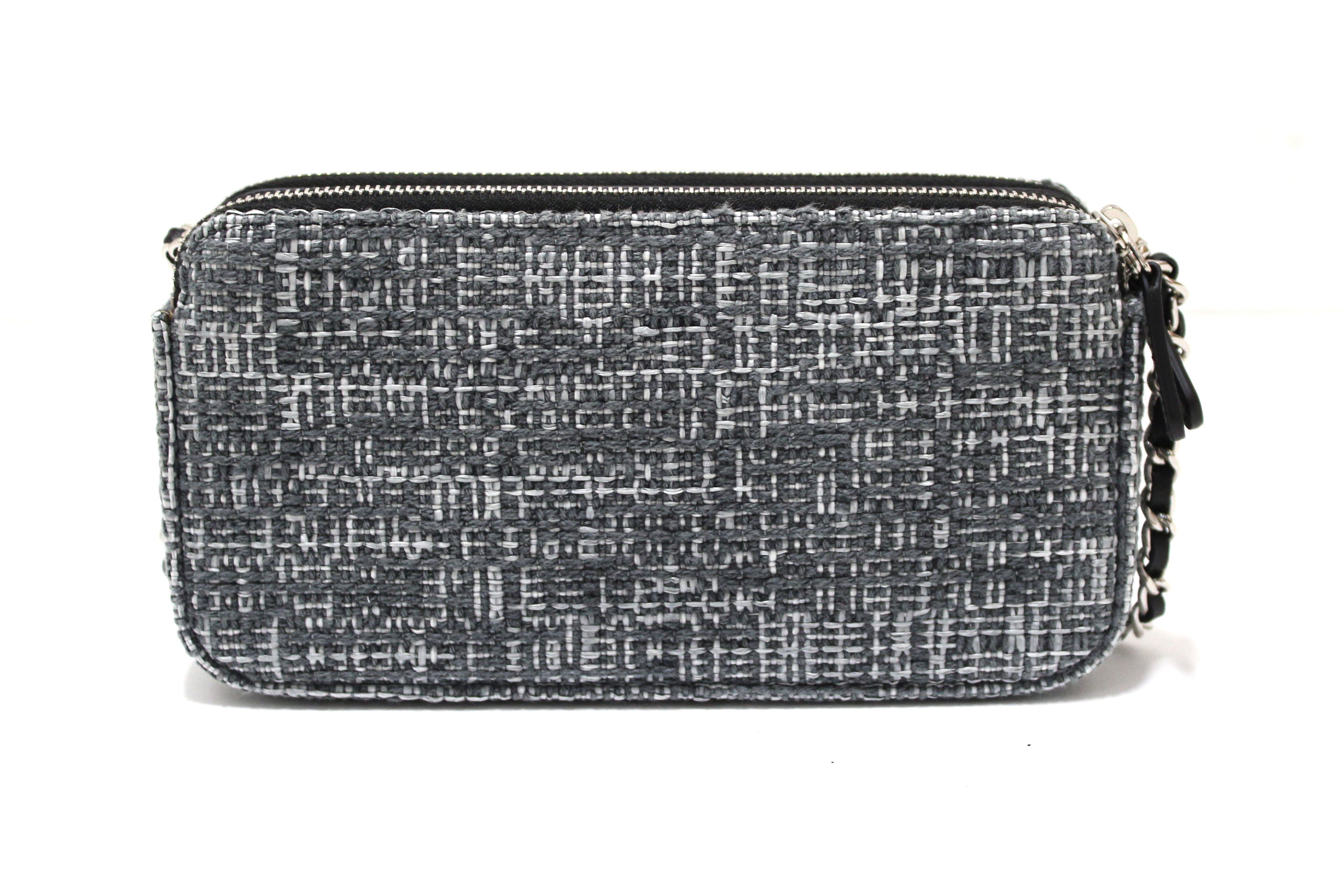 Authentic Chanel Grey Tweed Canvas Double Zip Wallet on Chain - Luxury Designer Crossbody Bag for Women | Perfect for Parties, Date Nights & Everyday Use