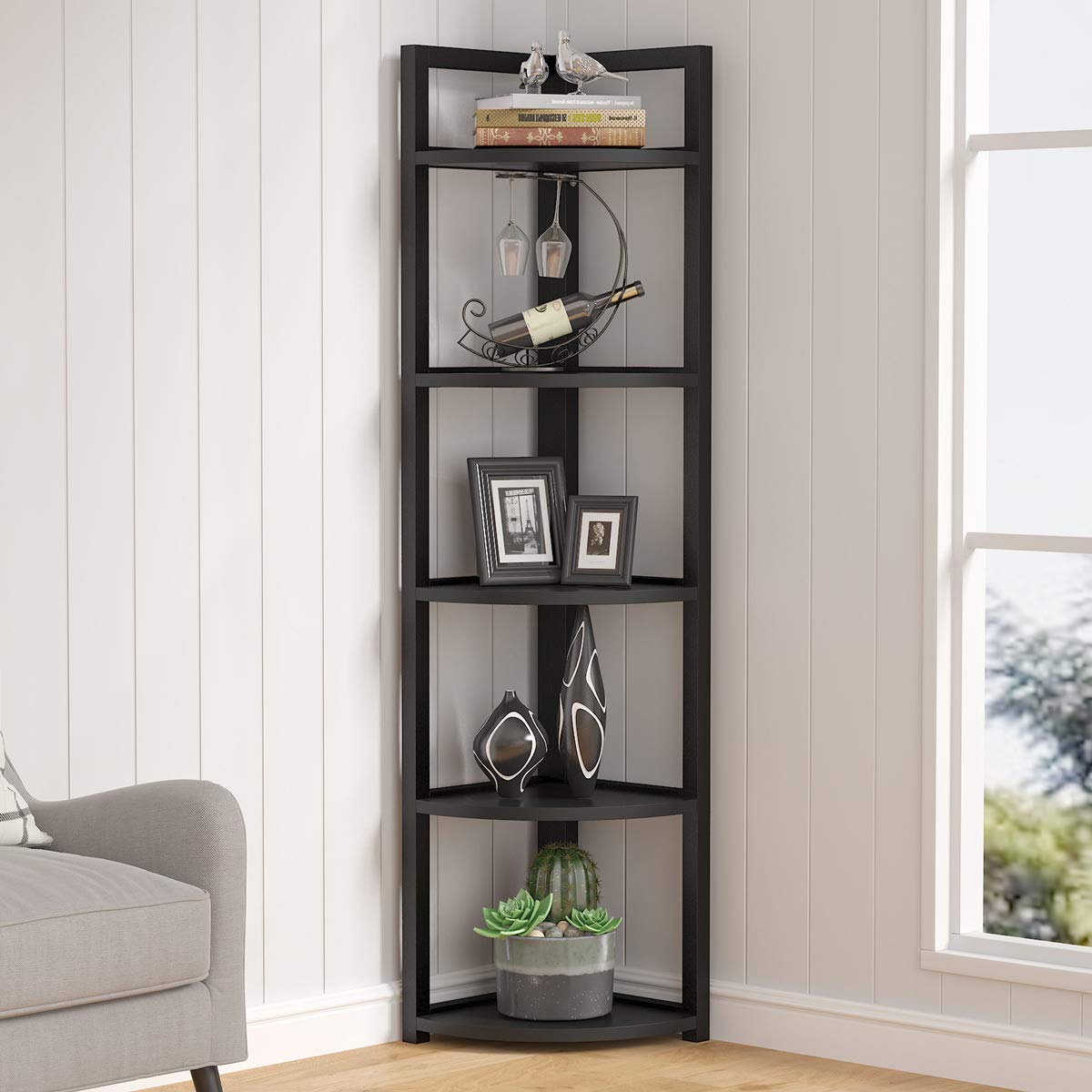 Tribesigns 5-Tier Corner Bookshelf - Space-Saving Storage Shelf for Living Room, Home Office, Kitchen | Small Bookcase, Plant Stand & Organizer for Apartments & Small Spaces (Black) | Perfect for Displaying Books, Decor & Indoor Plants
