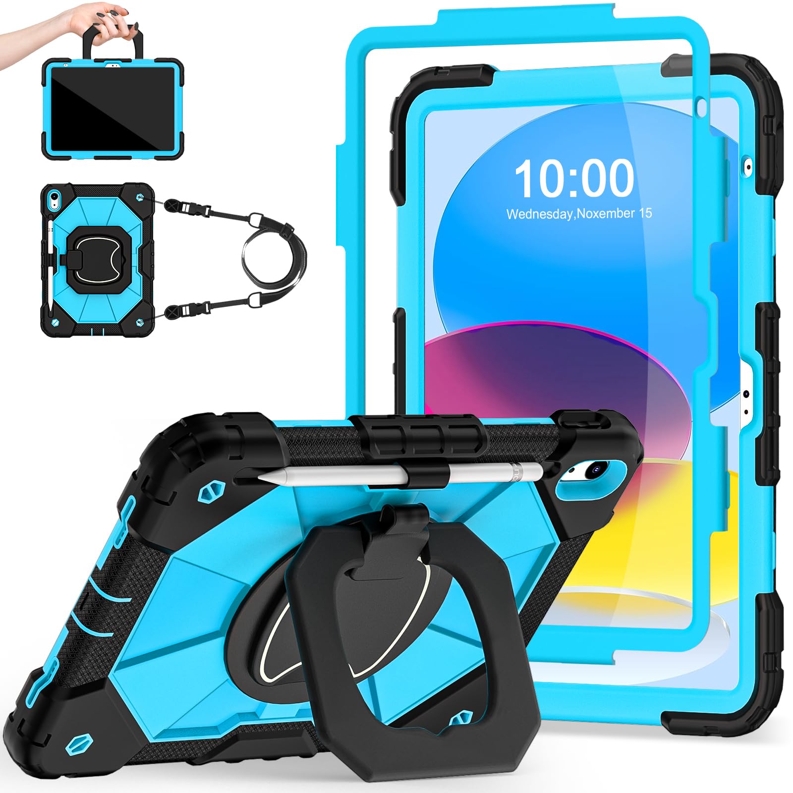 **Military Grade Shockproof iPad Case for 11th/10th Gen iPad (10.9/11 Inch, 2025/2022) - Rotating Stand, Shoulder Strap, Pencil Holder & Screen Protector - Black & Blue - Perfect for Travel, Work & School**