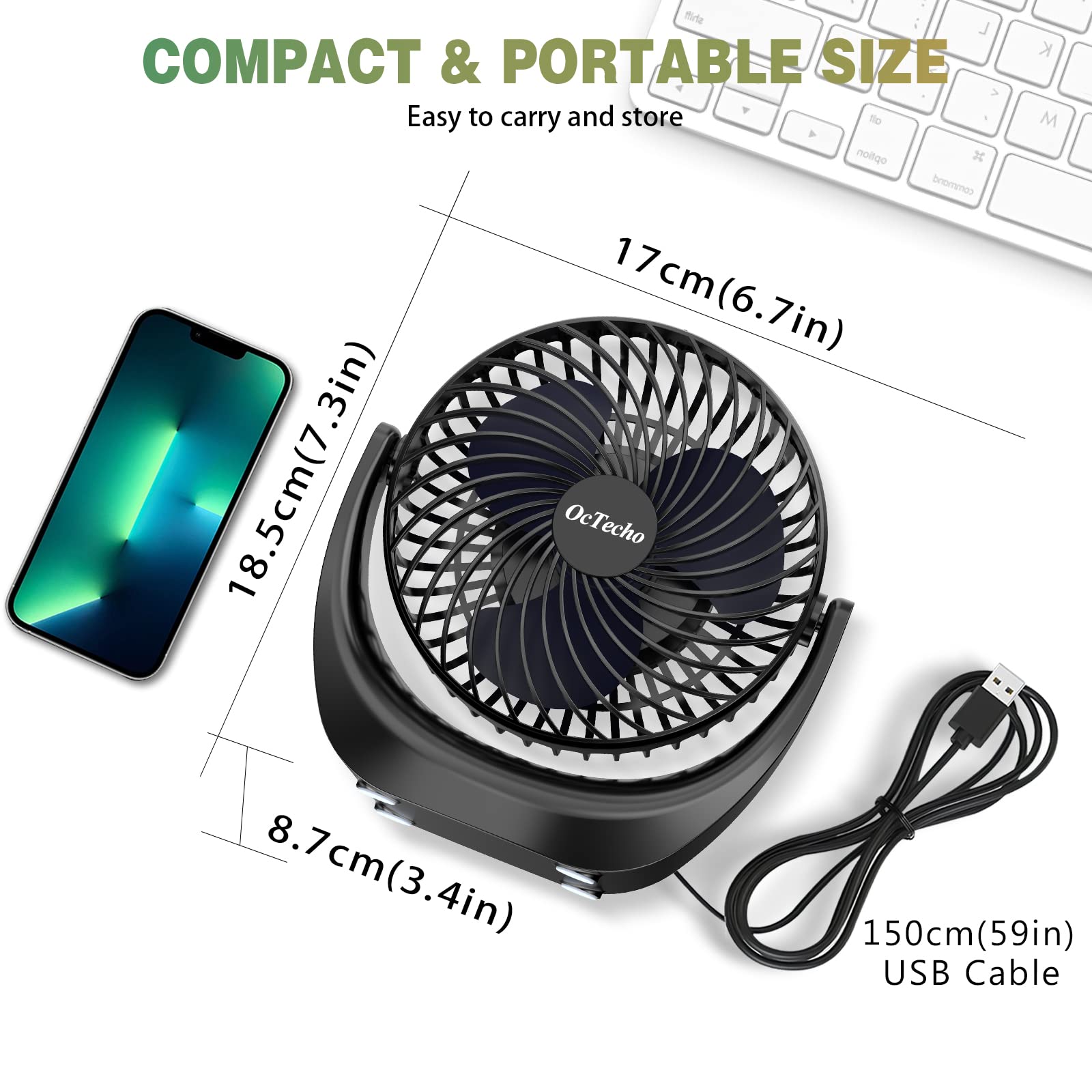 OcTecho USB Mini Desk Fan - Quiet Portable Small Fan with Strong Airflow, 5 Speed Settings & 360° Rotation - Perfect for Office, Home, Travel, Camping & Outdoor Use - Upgraded Version
