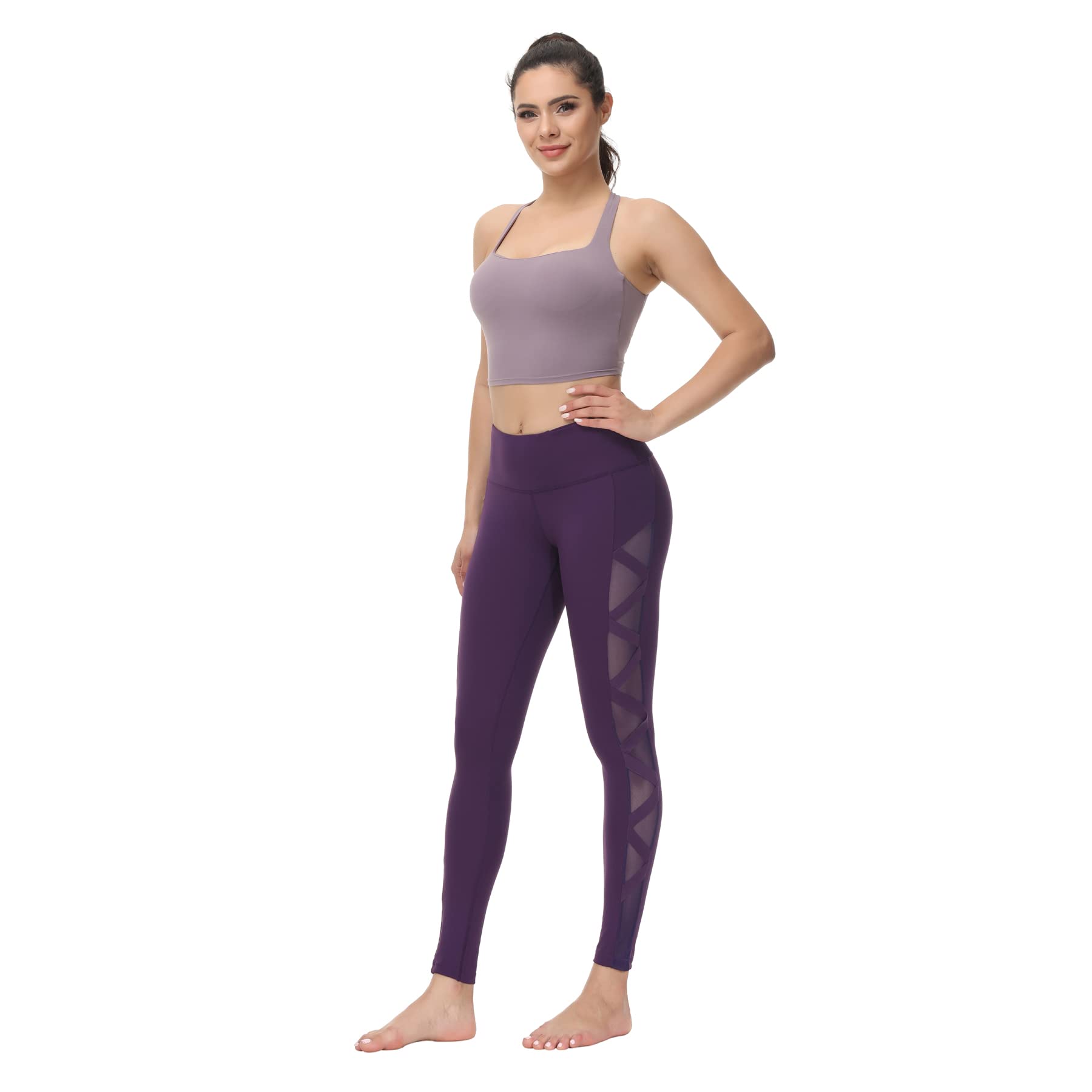 Romansong Women's High Waisted Yoga Pants with Pockets - 4-Way Stretch Tummy Control Mesh Leggings, Non See-Through Capri for Workout, Running & Lounge Wear