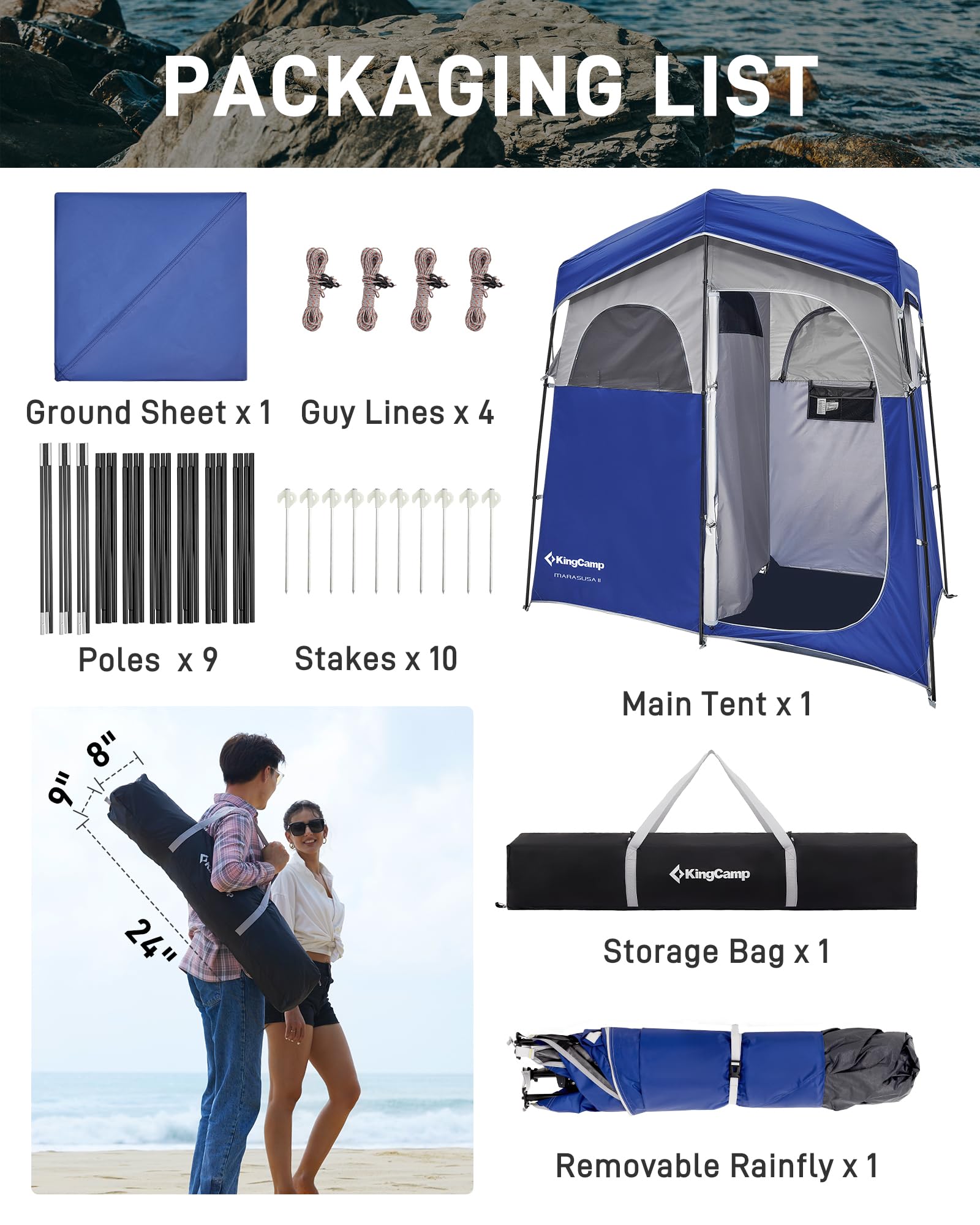 **KingCamp Oversized Portable Camping Shower Tent – Privacy Shelter for Outdoor Showers & Changing Room, Easy Setup with Shower Bag (1 or 2 Rooms) – Perfect for Camping, Hiking, Beach & RV Trips**