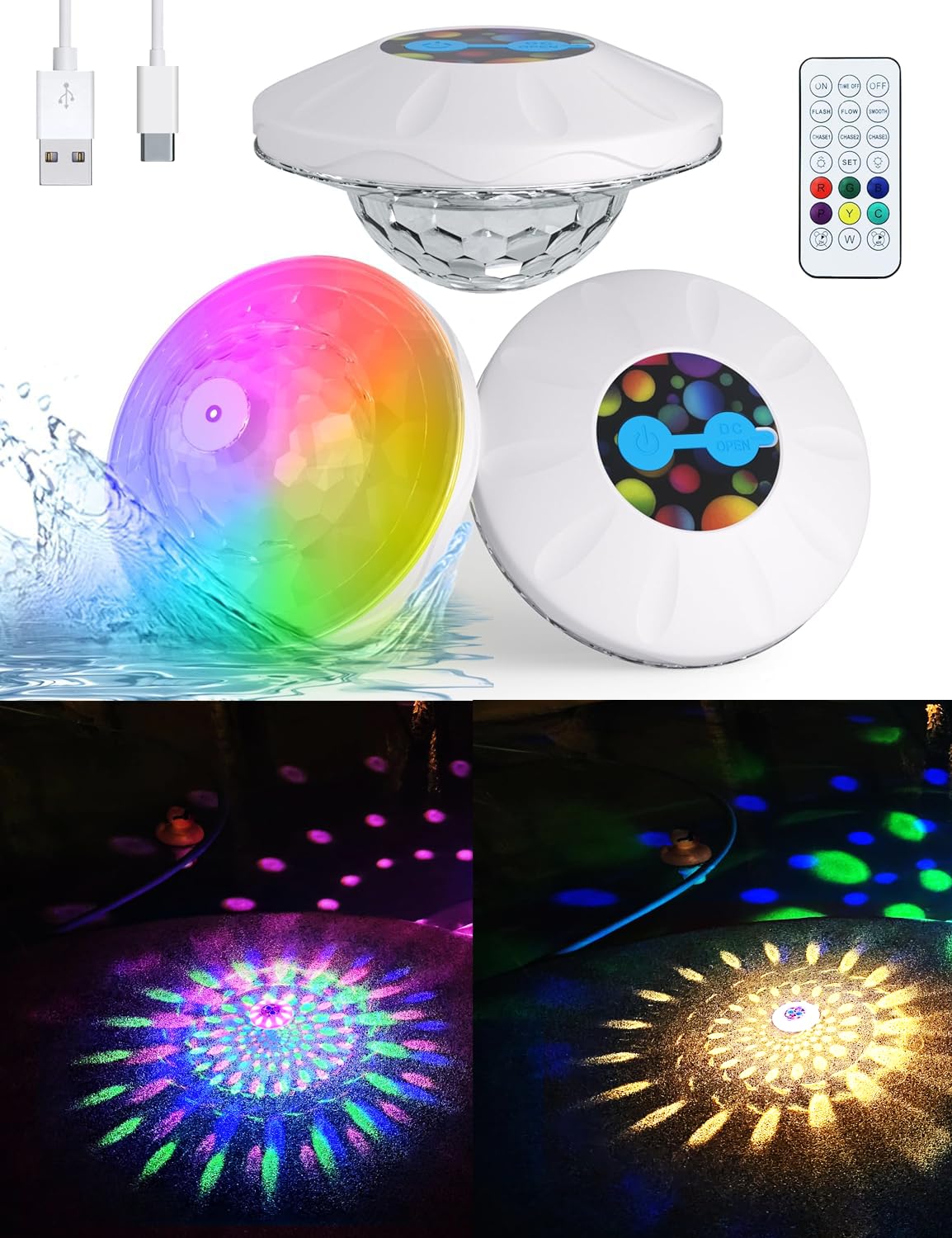 RGB Color Changing Floating Pool Lights with Remote - 6 Dynamic Lighting Effects, IP68 Waterproof for Inground Pools - Perfect for Diwali Festival, Backyard Parties & Night Swimming (4 Pack)