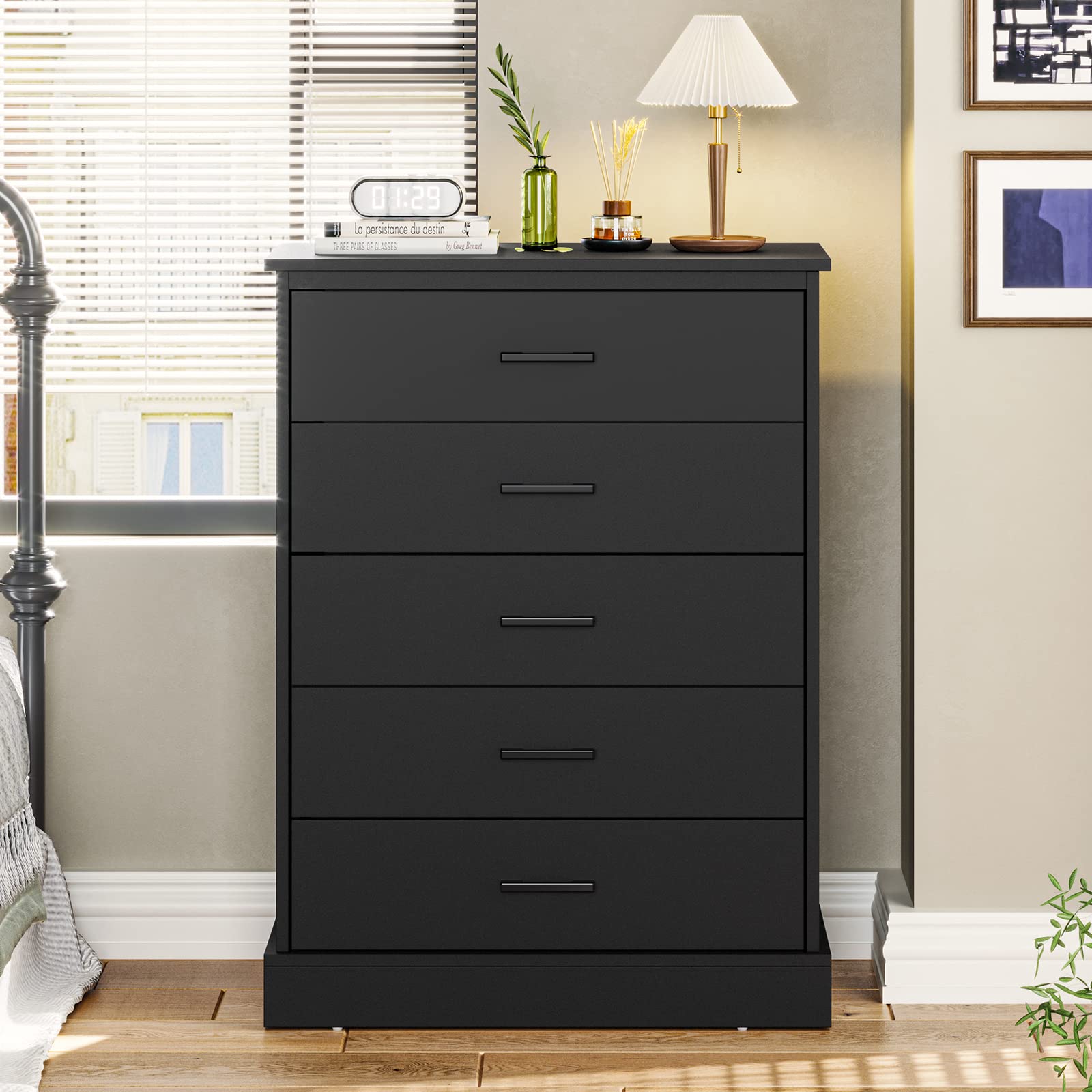 EPHEX 5-Drawer Tall Dresser for Bedroom - Modern Black Storage Tower & Clothes Organizer, Sturdy Chest of Drawers with Pedestal Base, 27.6