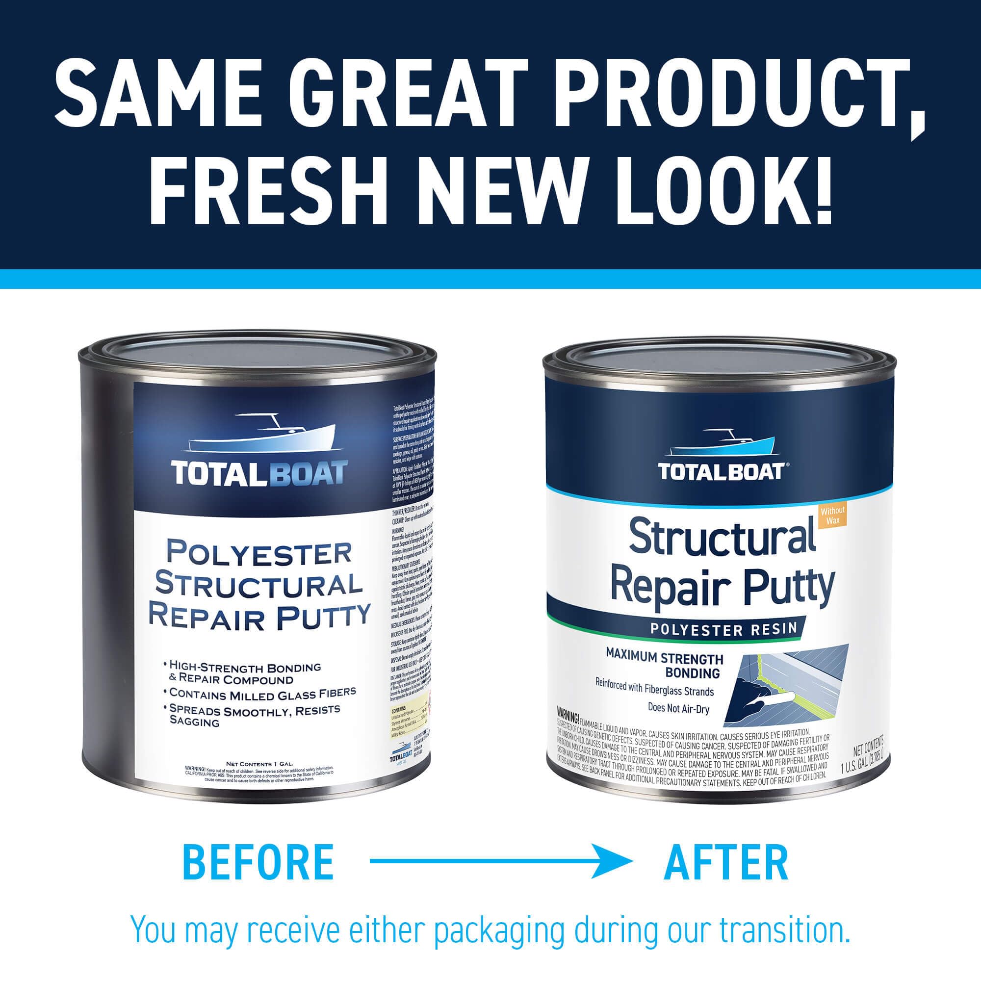 TotalBoat Marine Grade Fiberglass Repair Putty - Long Strand Polyester Structural Filler for Boat & Automotive Repairs | Waterproof Bonding for Hulls, Decks & Vehicle Body Panels