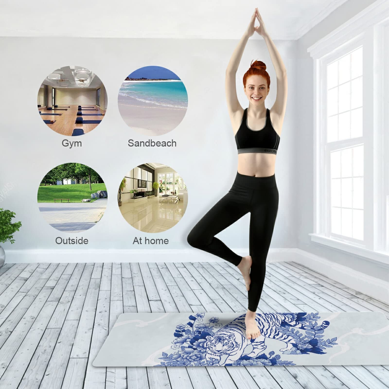 Susiyo Porcelain Blue Tiger Flower Travel Yoga Mat - 1MM Thick Non-Slip Fitness Mat with Carrying Bag for Women, Home, Beach & Gym - Perfect for Yoga, Pilates, Meditation & Travel Workouts