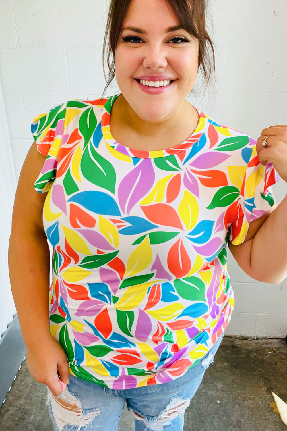 Playful Lavender & Yellow Floral Print Flutter Sleeve Blouse - Women's Boho Chic Summer Top for Date Night & Beach Vacations