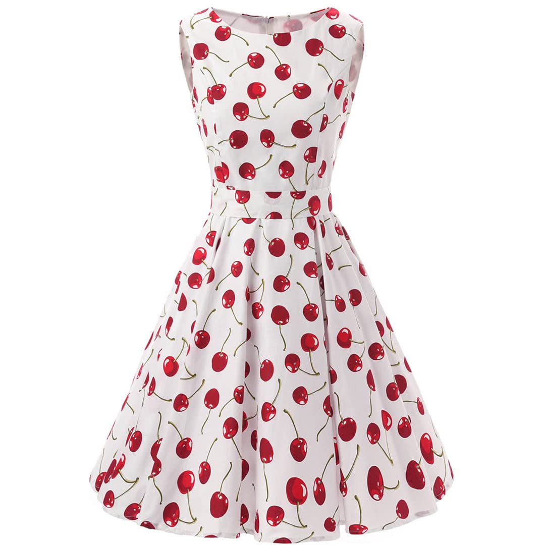 Vintage Cherry Print Women's Summer Dress - Casual Swing Short Sleeve Dress for Beach, Picnic & Date Night