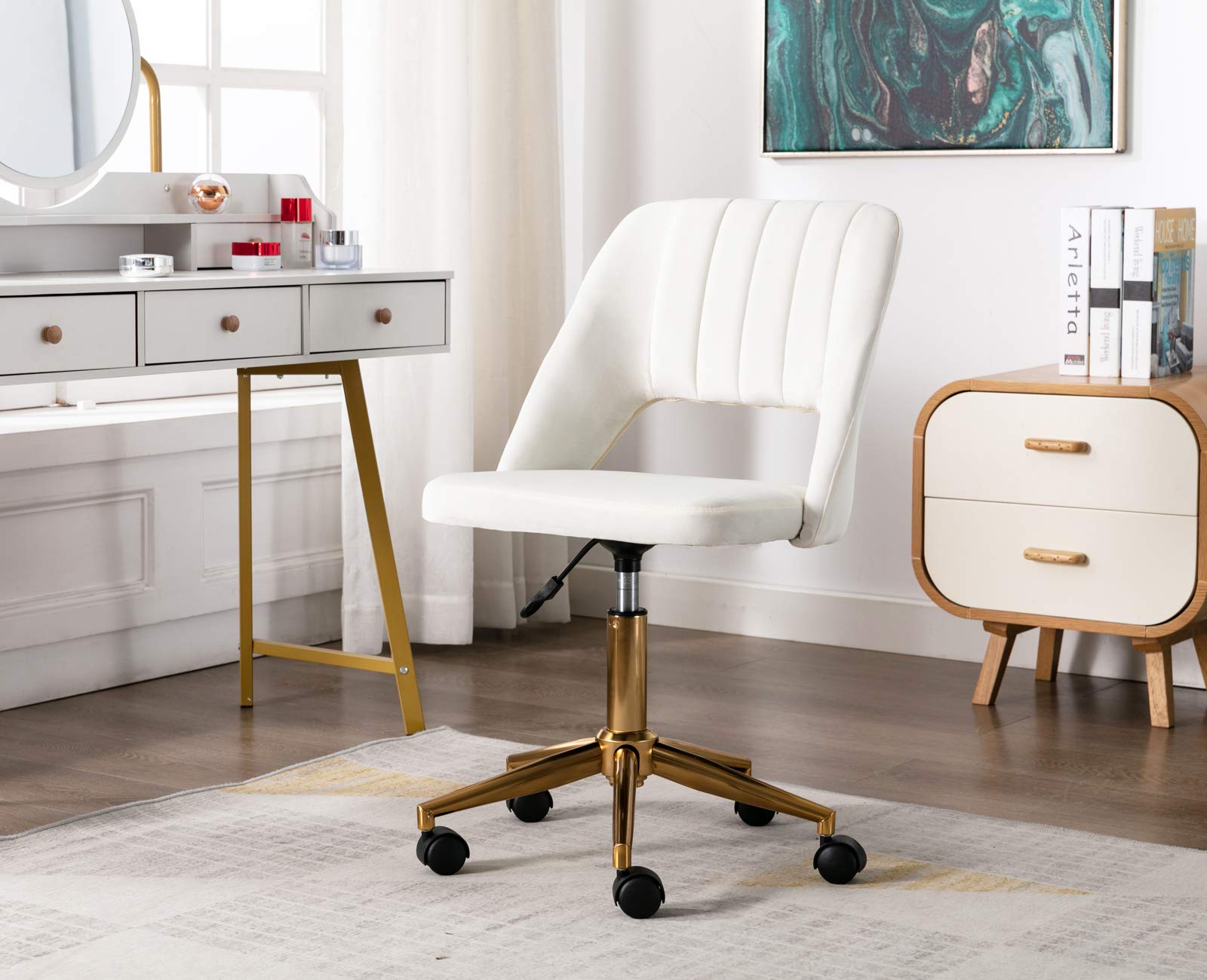 Velvet Office Desk Chair with Wheels - Mid Back Modern Home Office Chair, Small and Cute for Bedroom, White with Gold Base - Perfect for Home Office, Study, Dorm Room, and Small Spaces