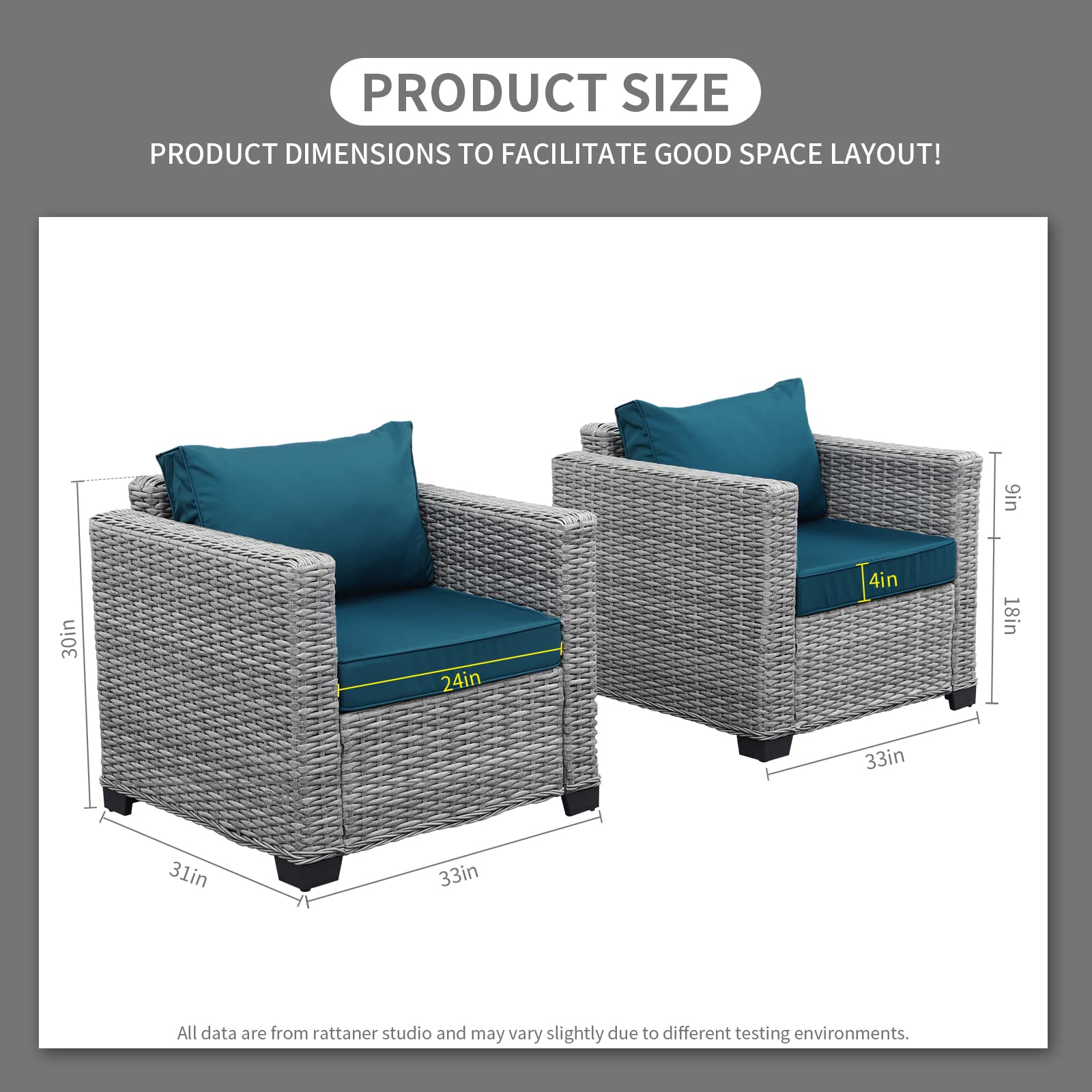 Rattan Patio Single Sofa Chairs Set of 2 - Outdoor Wicker Accent Furniture with Anti-Slip Cushions & Waterproof Cover - Peacock Blue - Perfect for Garden, Poolside, and Backyard Relaxation