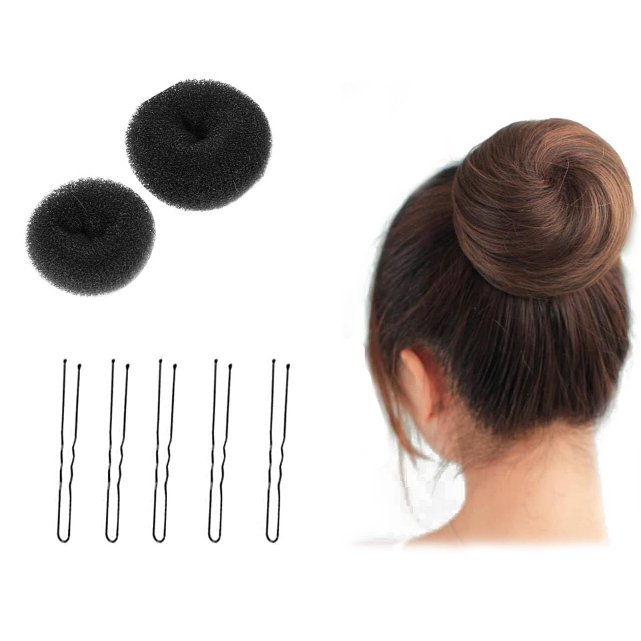 2 PCS Black Hair Bun Donuts - Hair Bun Maker & Ring Shaper for Chignon Styles with 5 U-Shaped Clips - Perfect for Ballet Dancers, Kids & Girls - Great for Dance Performances, School Events & Everyday Hairstyles