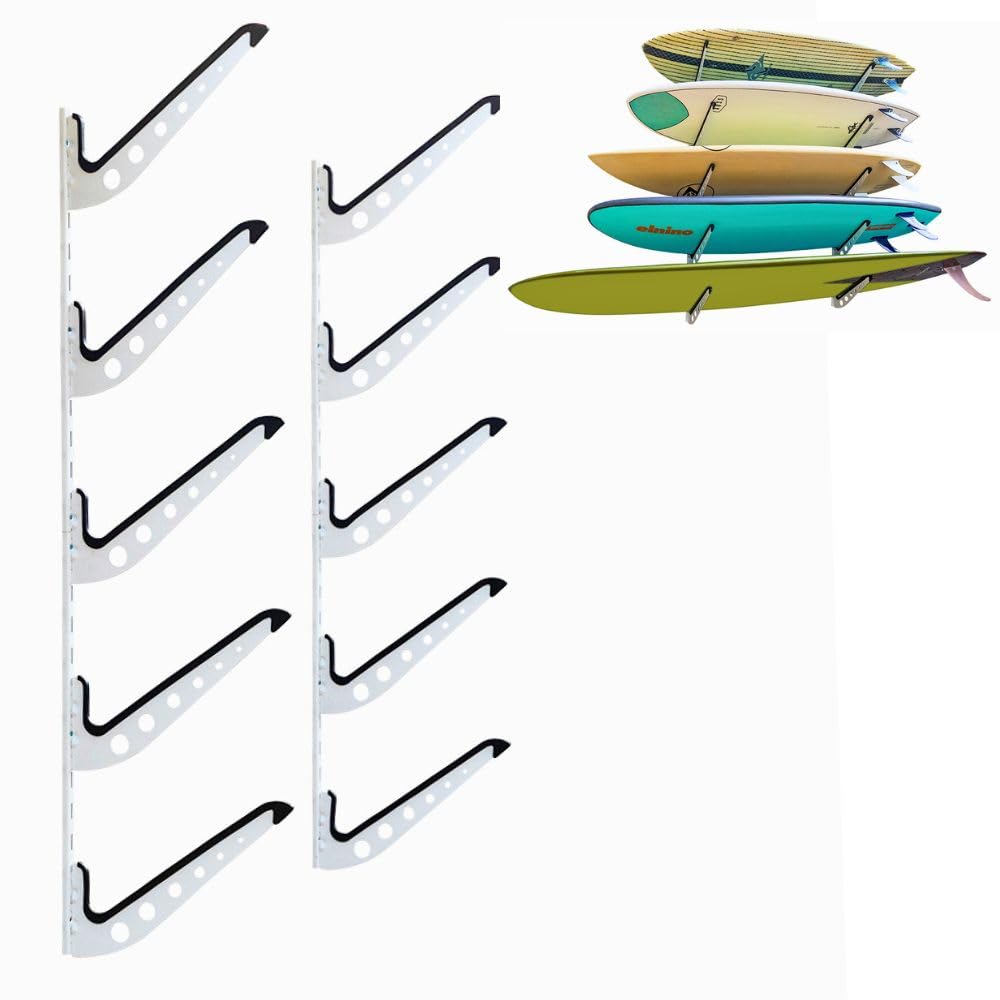 Adjustable Wall Mount Surfboard Rack - 5 Board Storage for Surfboards, Wakeboards, Snowboards - Perfect for Home, Garage, or Beach House Organization