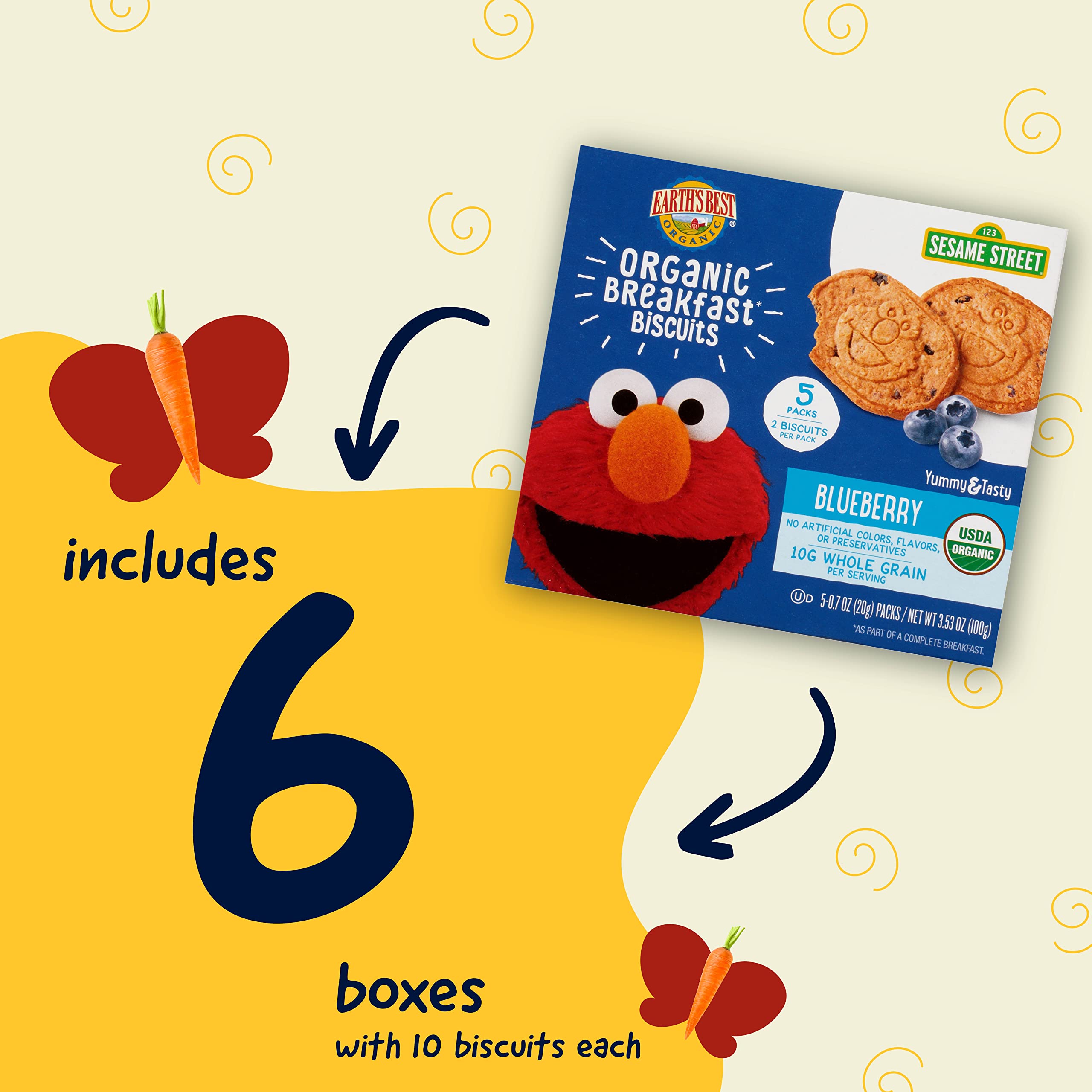 Organic Sesame Street Toddler Snacks - Earth's Best Blueberry Breakfast Biscuits for Kids 2+ Years (6 Boxes, 5 Packs of 2 Biscuits) | Healthy On-the-Go Snack for Preschoolers & Daycare
