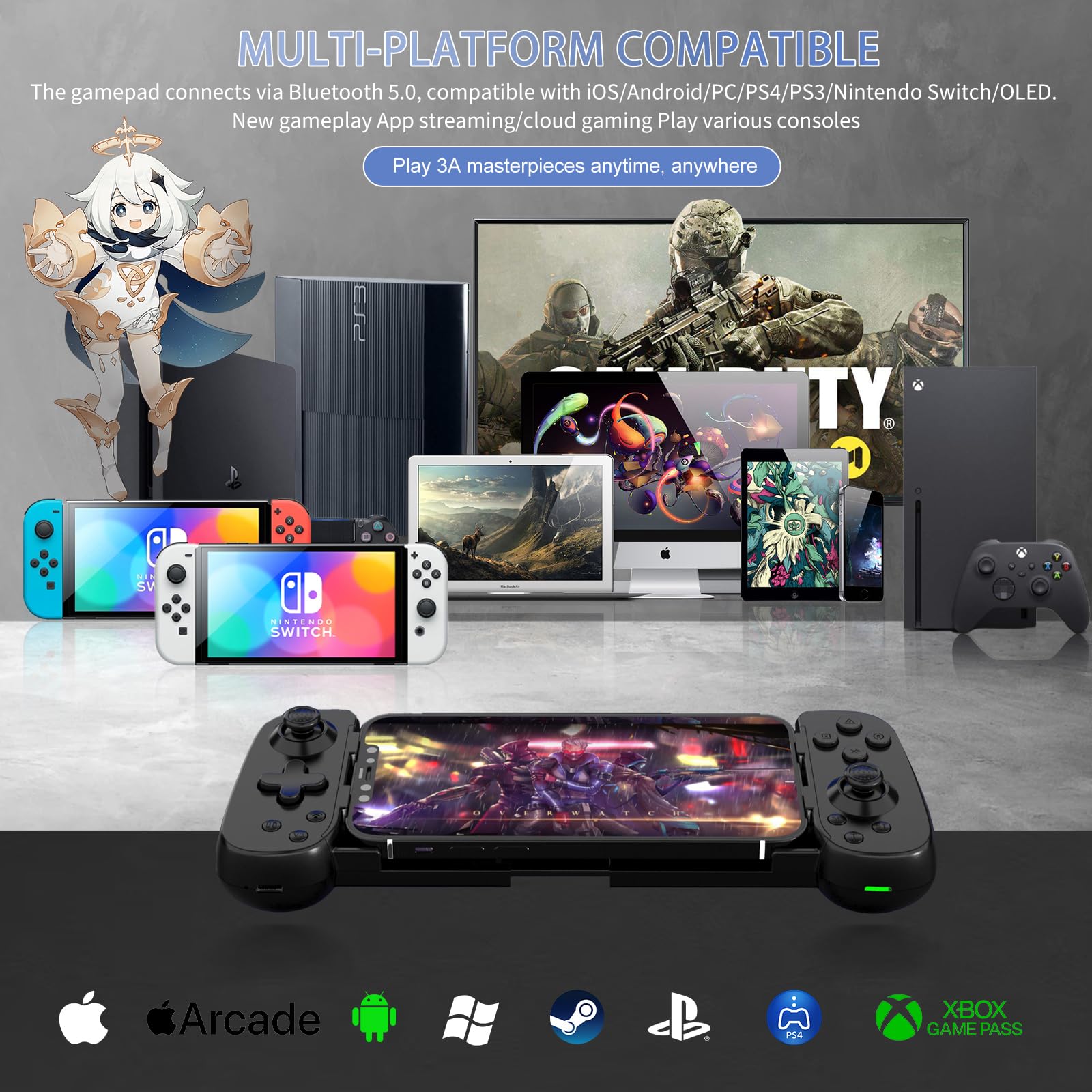 Wireless Game Controller for iPhone 16/15/14, iPad, Samsung Galaxy S24/23/22, Android Tablets - Compatible with Xbox Cloud Gaming, PS Remote Play, Call of Duty Mobile, Genshin Impact, Roblox & Diablo - Ergonomic Design for Mobile Gaming & Cloud Streaming