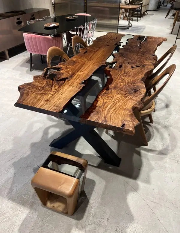 Handcrafted Live Edge Epoxy Resin River Dining Table - Solid Chestnut Wood - Perfect for Modern Farmhouse, Rustic & Contemporary Dining Rooms