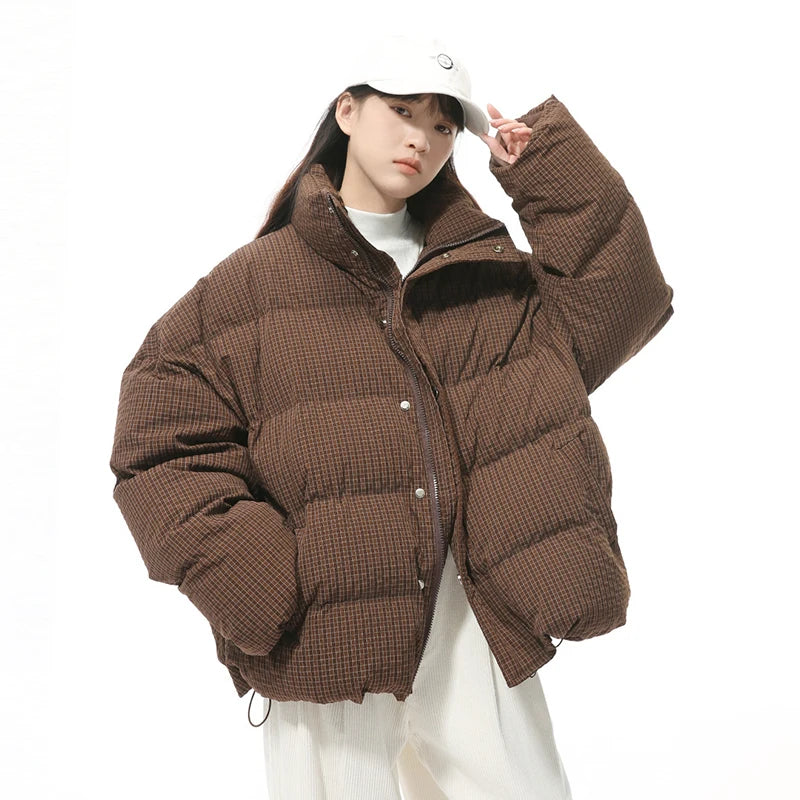 Vintage American Style Men's Cotton Plaid Stand Collar Drawstring Casual Loose Padded Jacket - Warm Winter Coat for Outdoor Activities & Streetwear Fashion